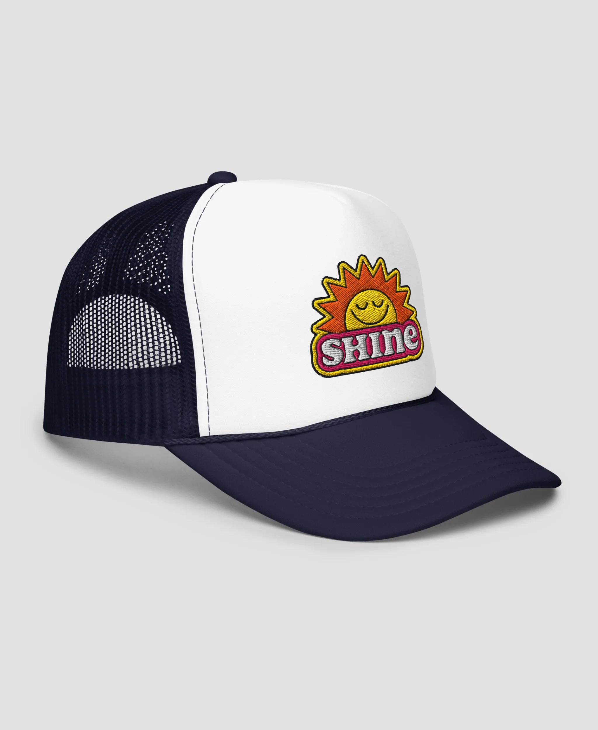 Groovy Shine Sun Smiley Embroidered Foam Trucker Hat | Retro Brim