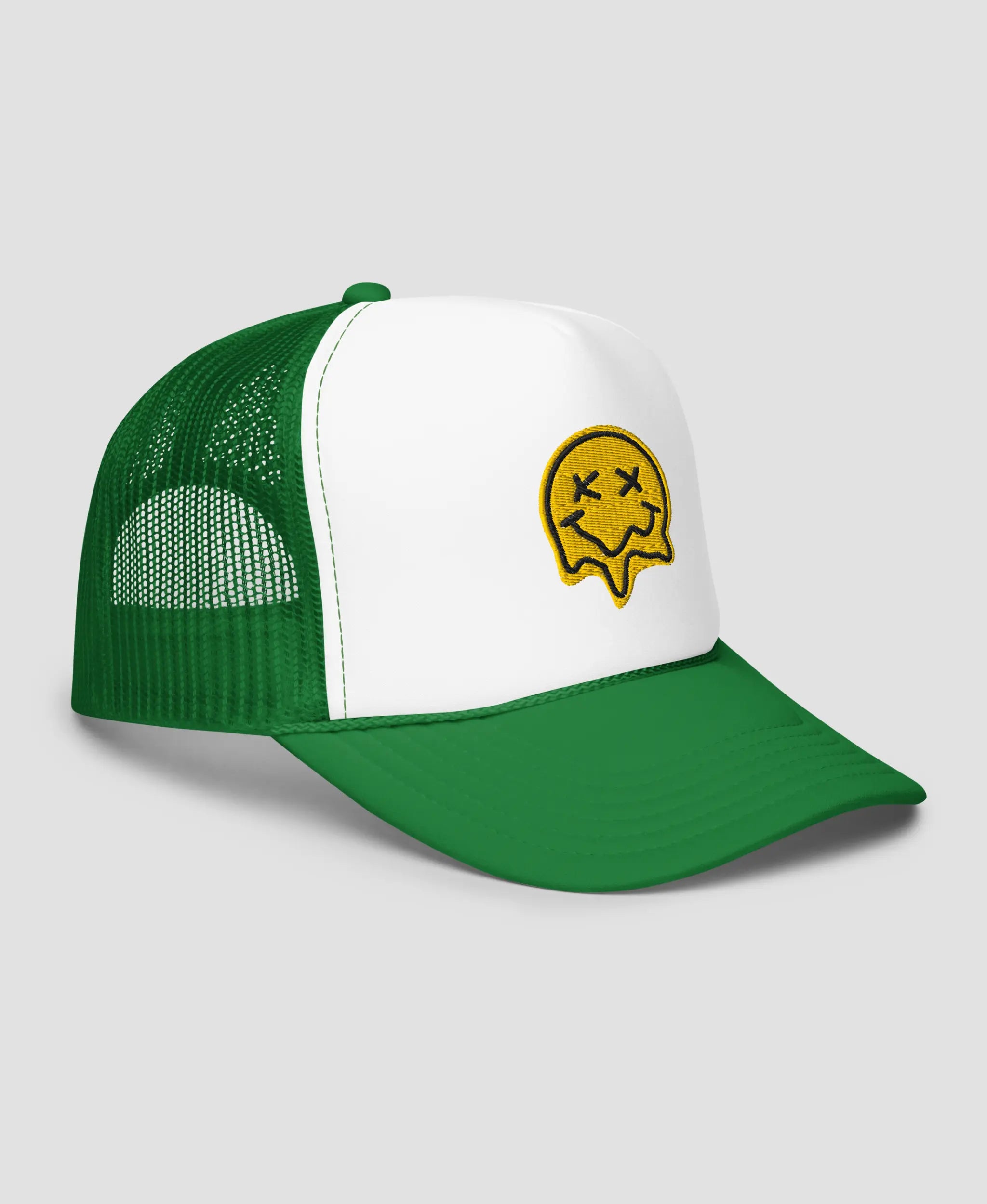 Melting X-Eye Smiley Face Embroidered Foam Trucker Hat | Retro Brim