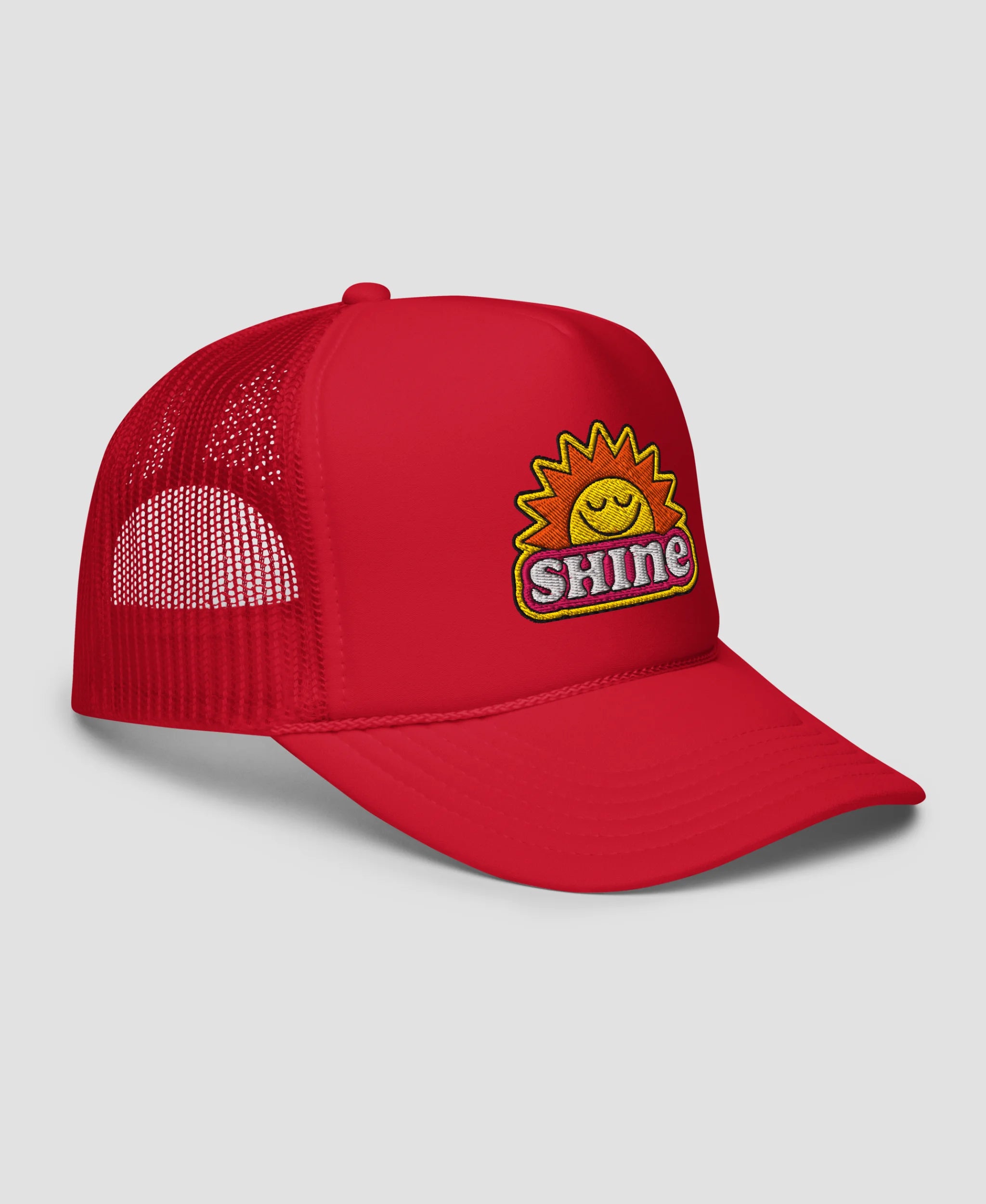 Groovy Shine Sun Smiley Embroidered Foam Trucker Hat | Retro Brim