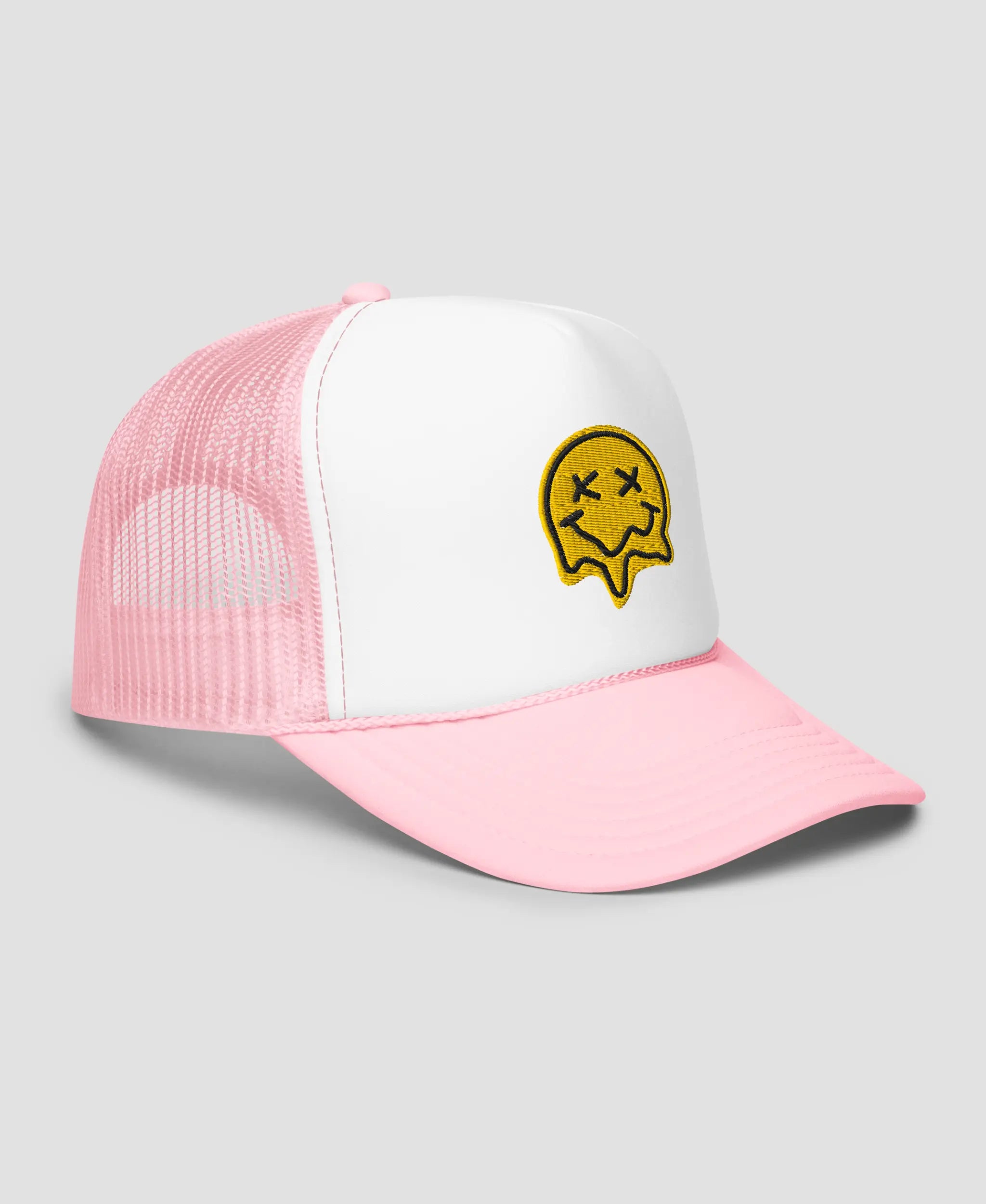 Melting X-Eye Smiley Face Embroidered Foam Trucker Hat | Retro Brim