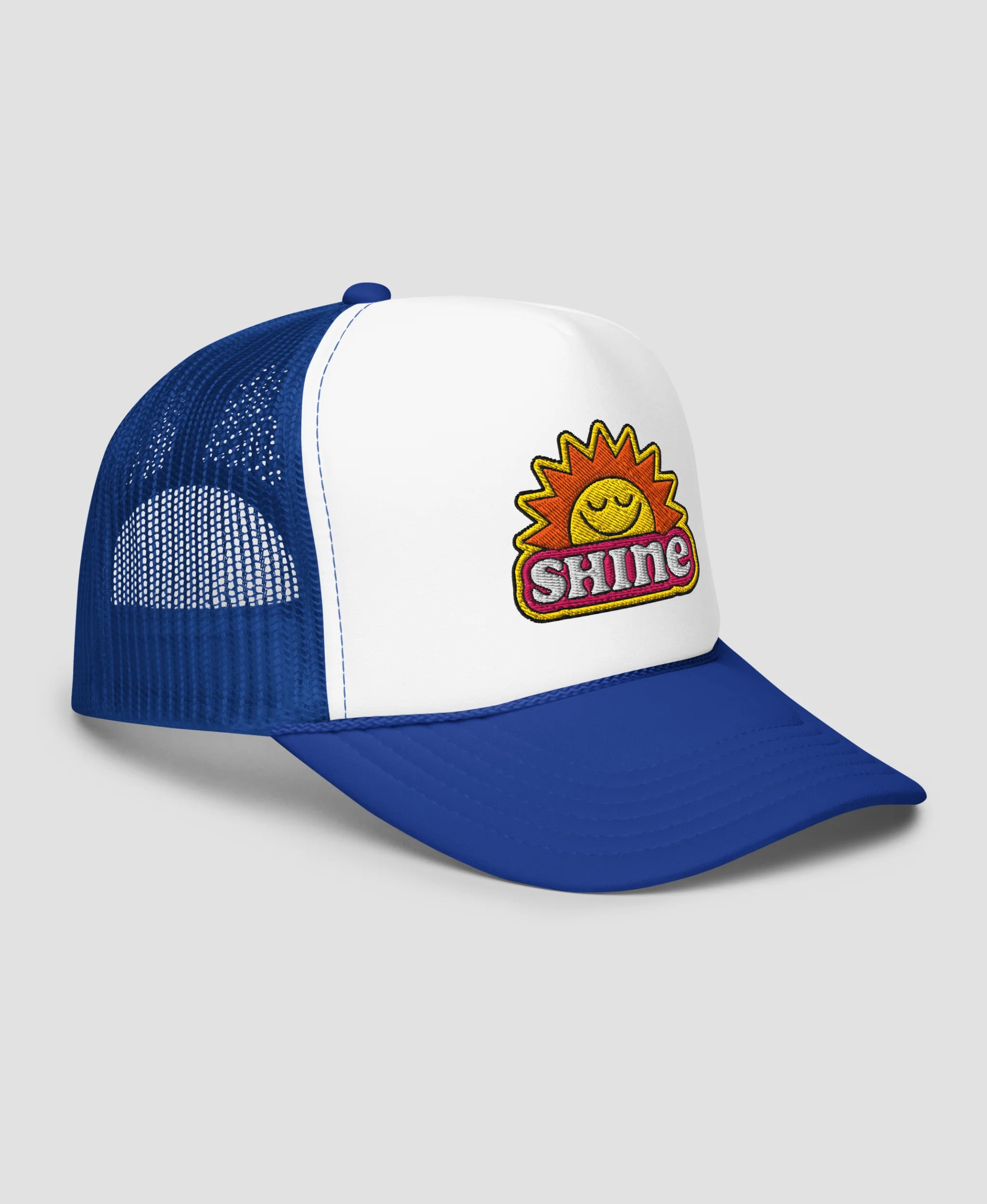 Groovy Shine Sun Smiley Embroidered Foam Trucker Hat | Retro Brim