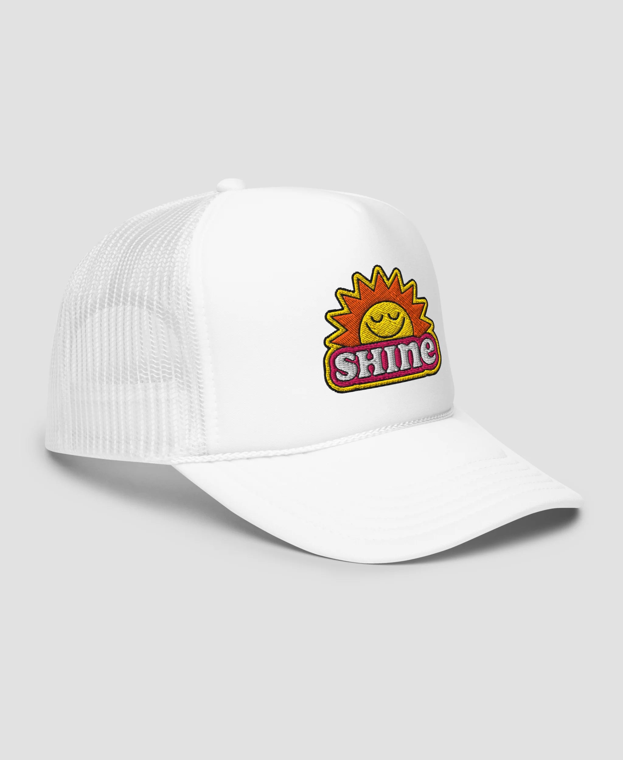 Groovy Shine Sun Smiley Embroidered Foam Trucker Hat | Retro Brim
