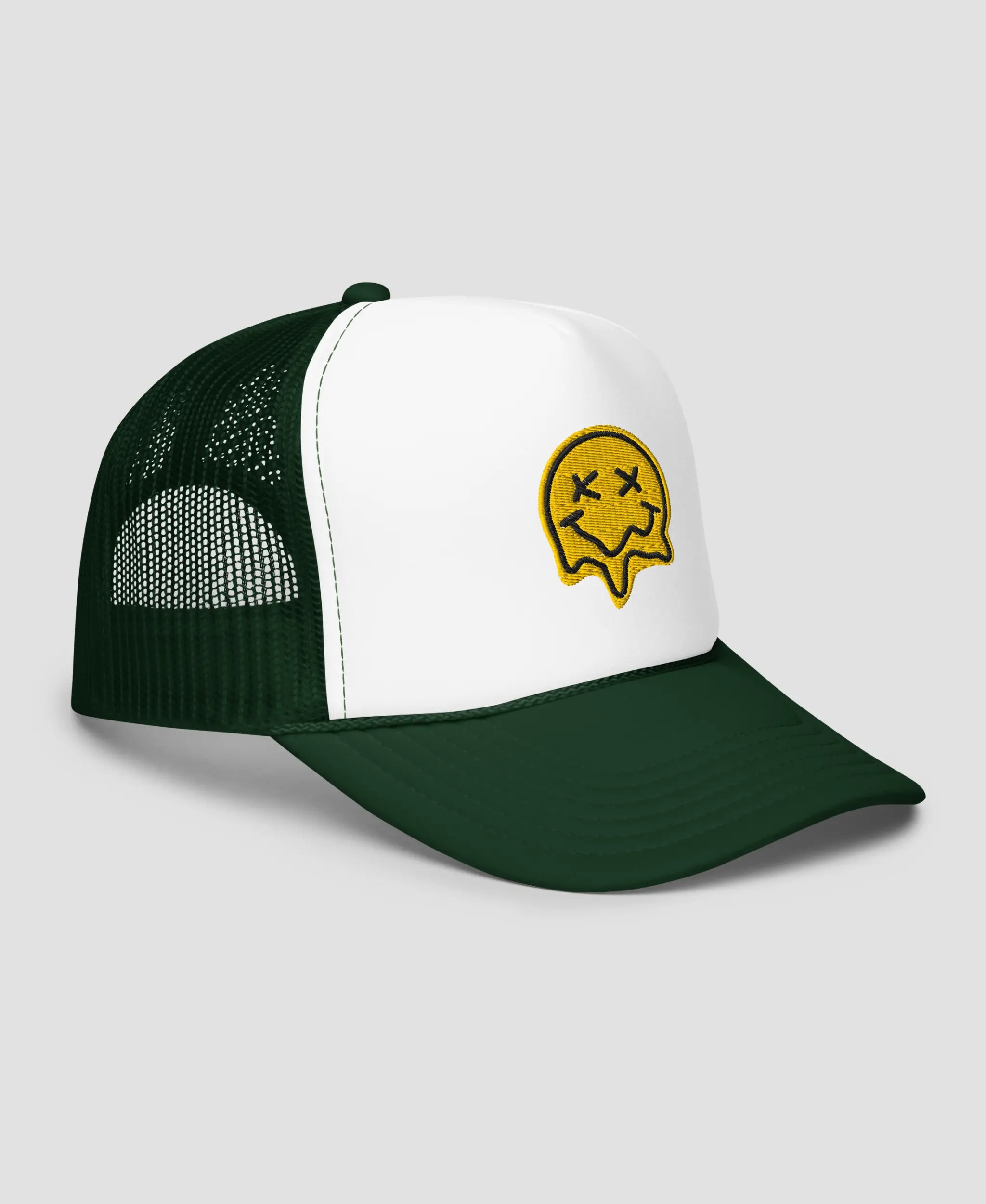 Melting X-Eye Smiley Face Embroidered Foam Trucker Hat | Retro Brim