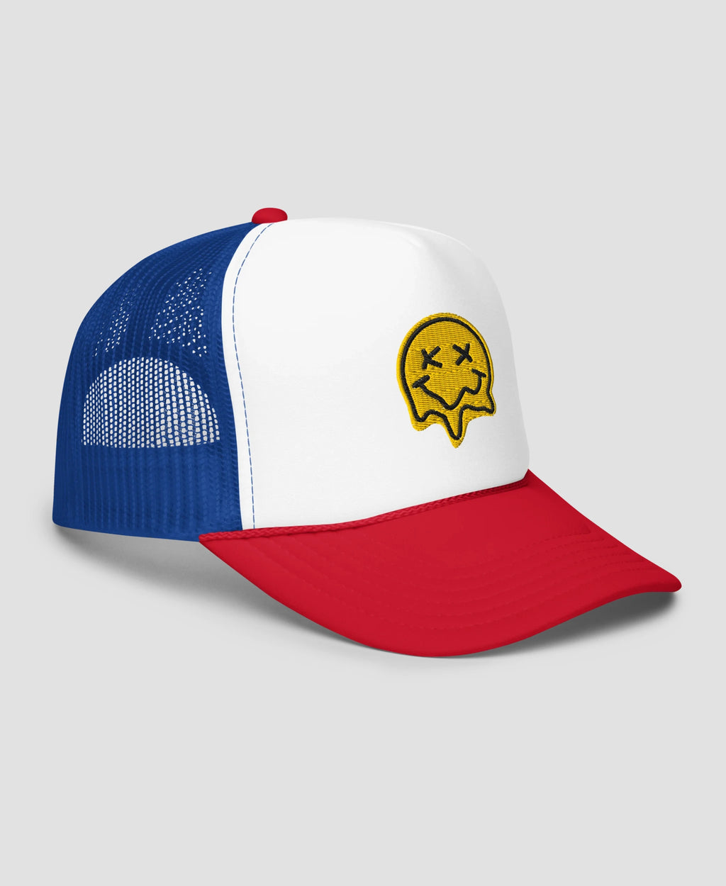 Melting X-Eye Smiley Face Embroidered Foam Trucker Hat | Retro Brim