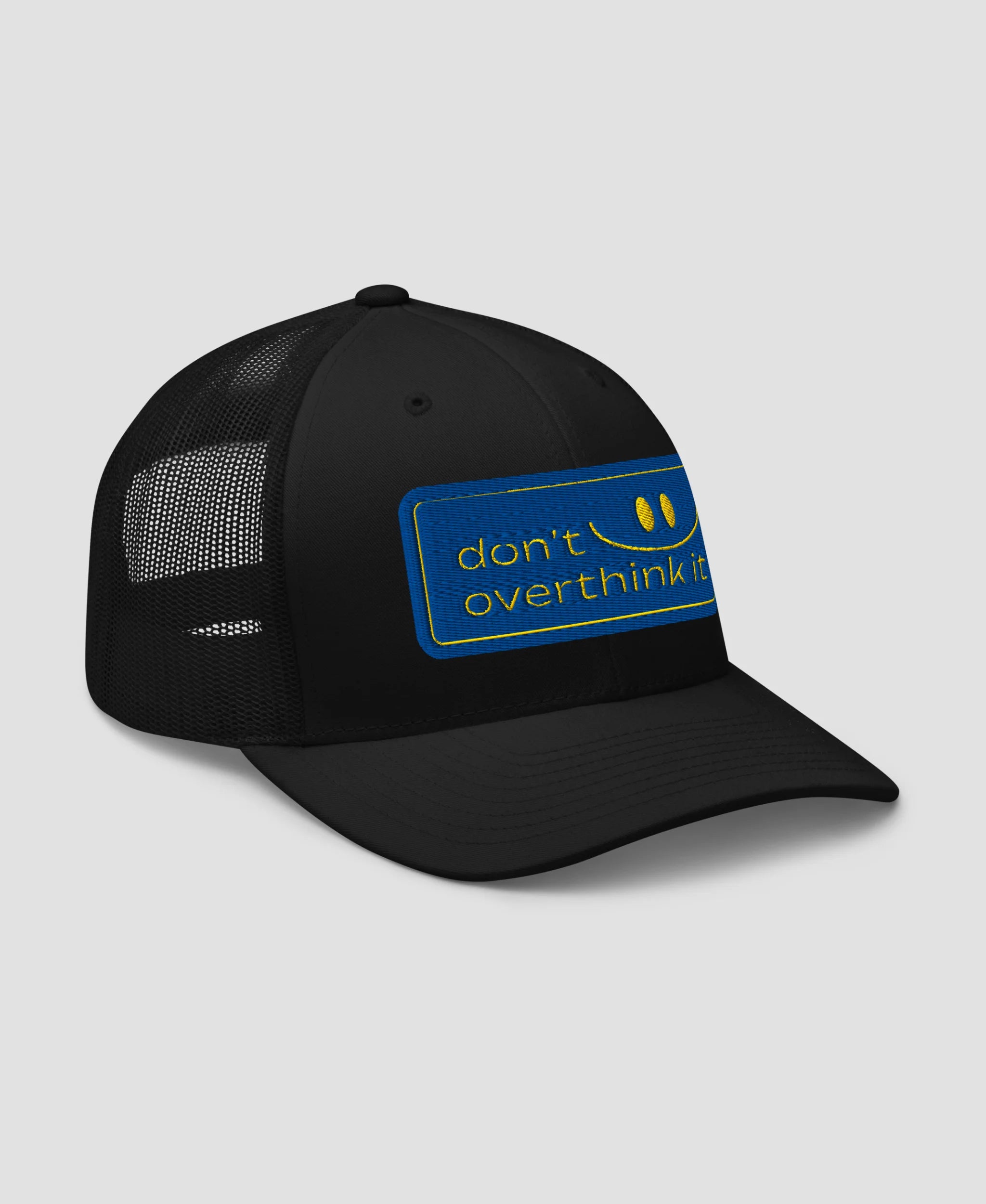 Don't Overthink It Smiley Embroidered Retro Trucker Hat