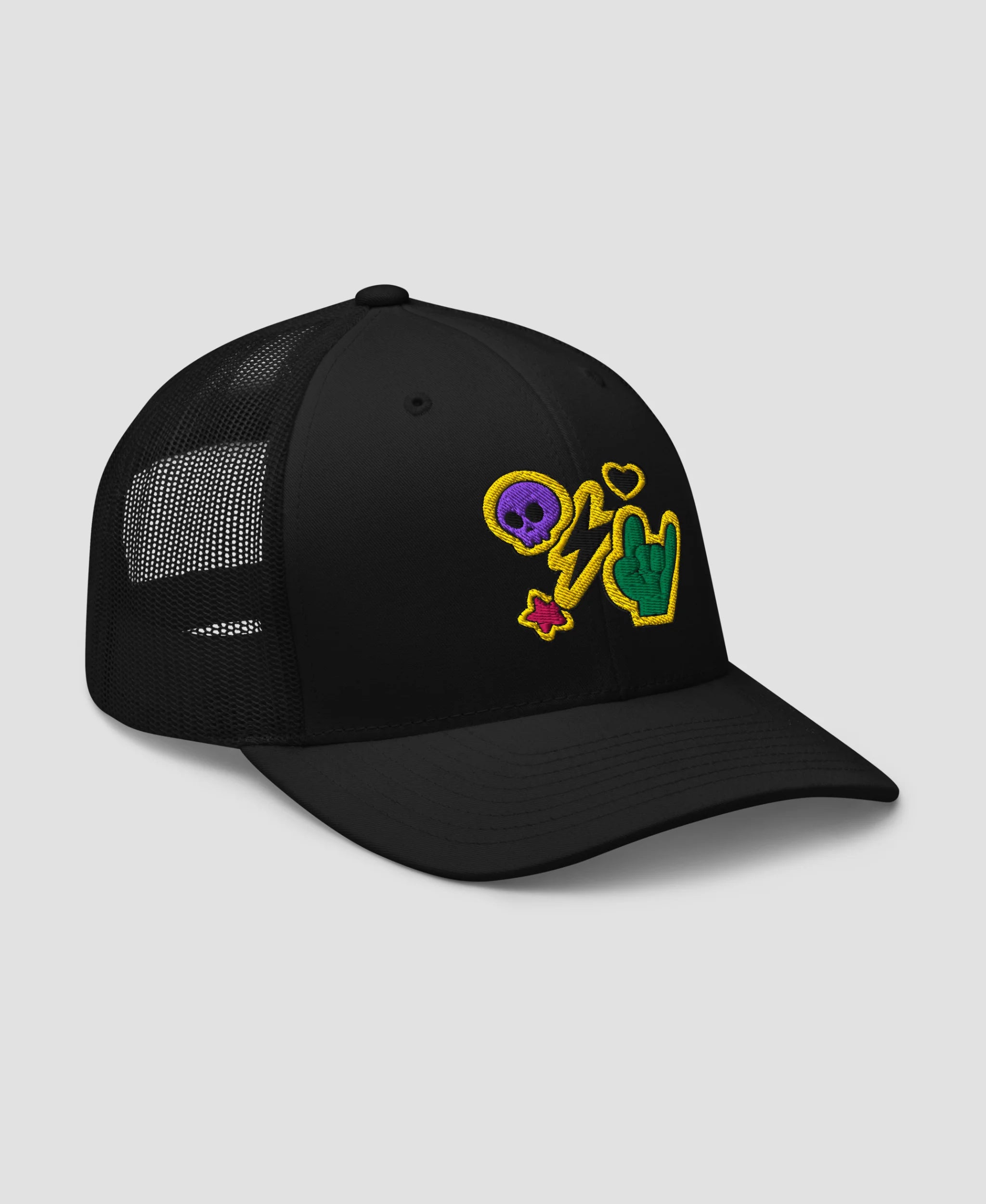 Rock N Roll Skull Lightning Bolt Embroidered Retro Trucker Hat