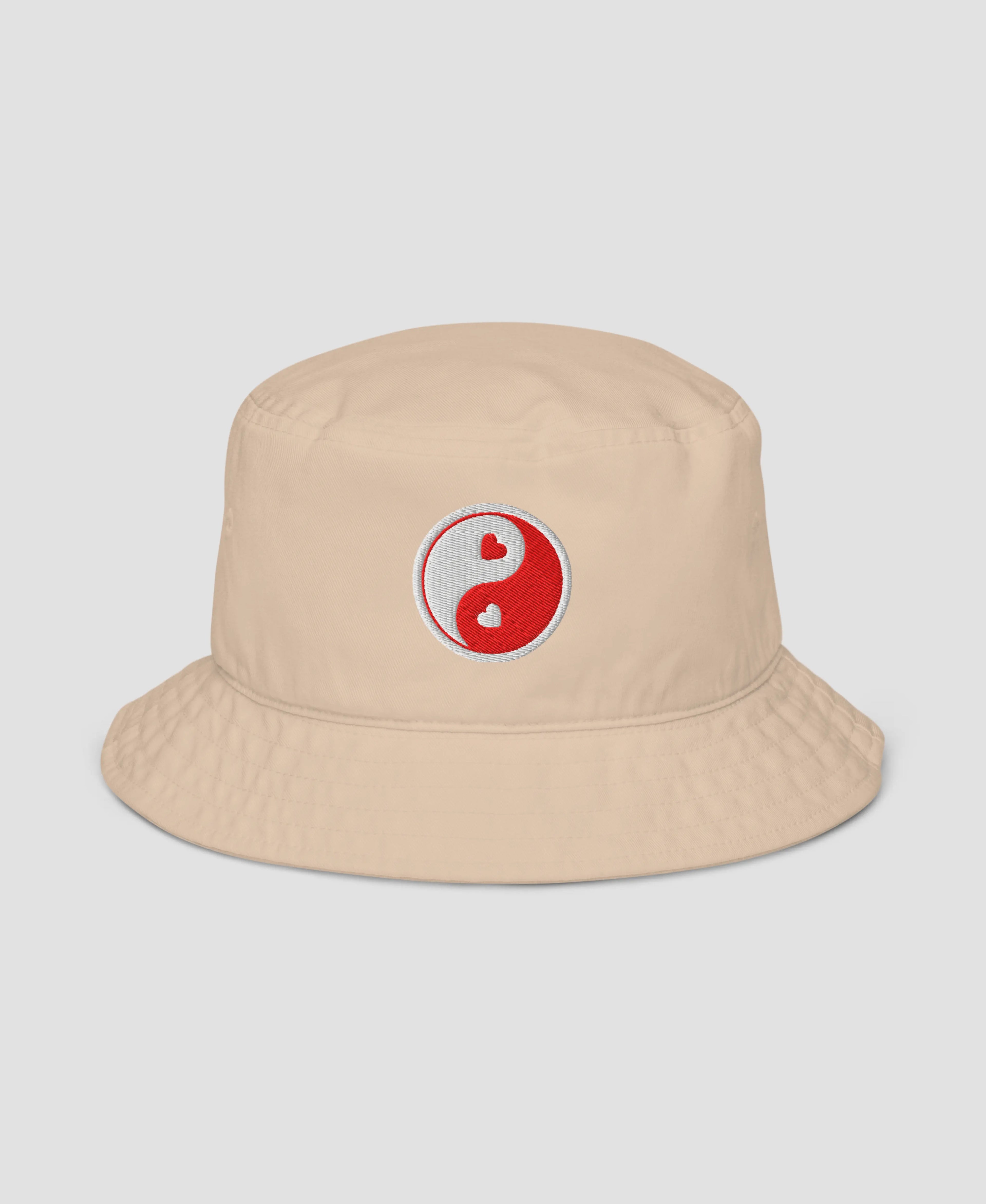 Pink Pastel Yin Yang Hearts Embroidered Organic Bucket Hat  | Retro Brim