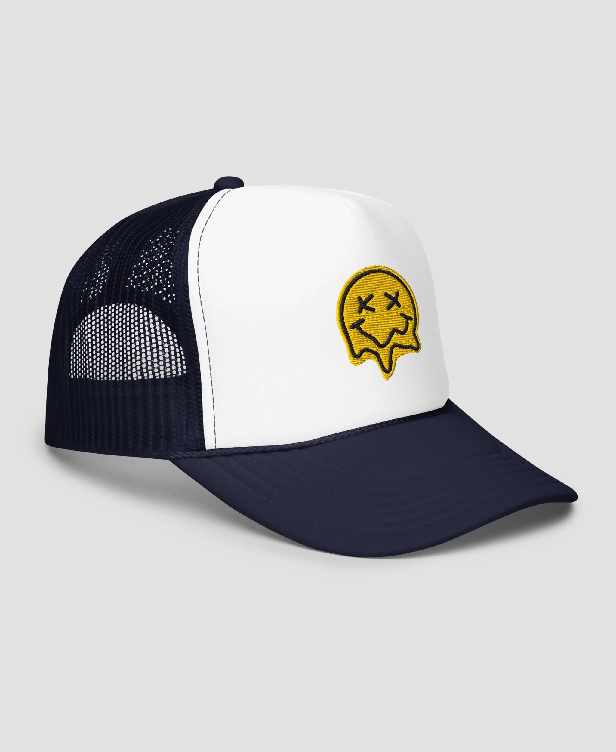 Melting X-Eye Smiley Face Embroidered Foam Trucker Hat | Retro Brim