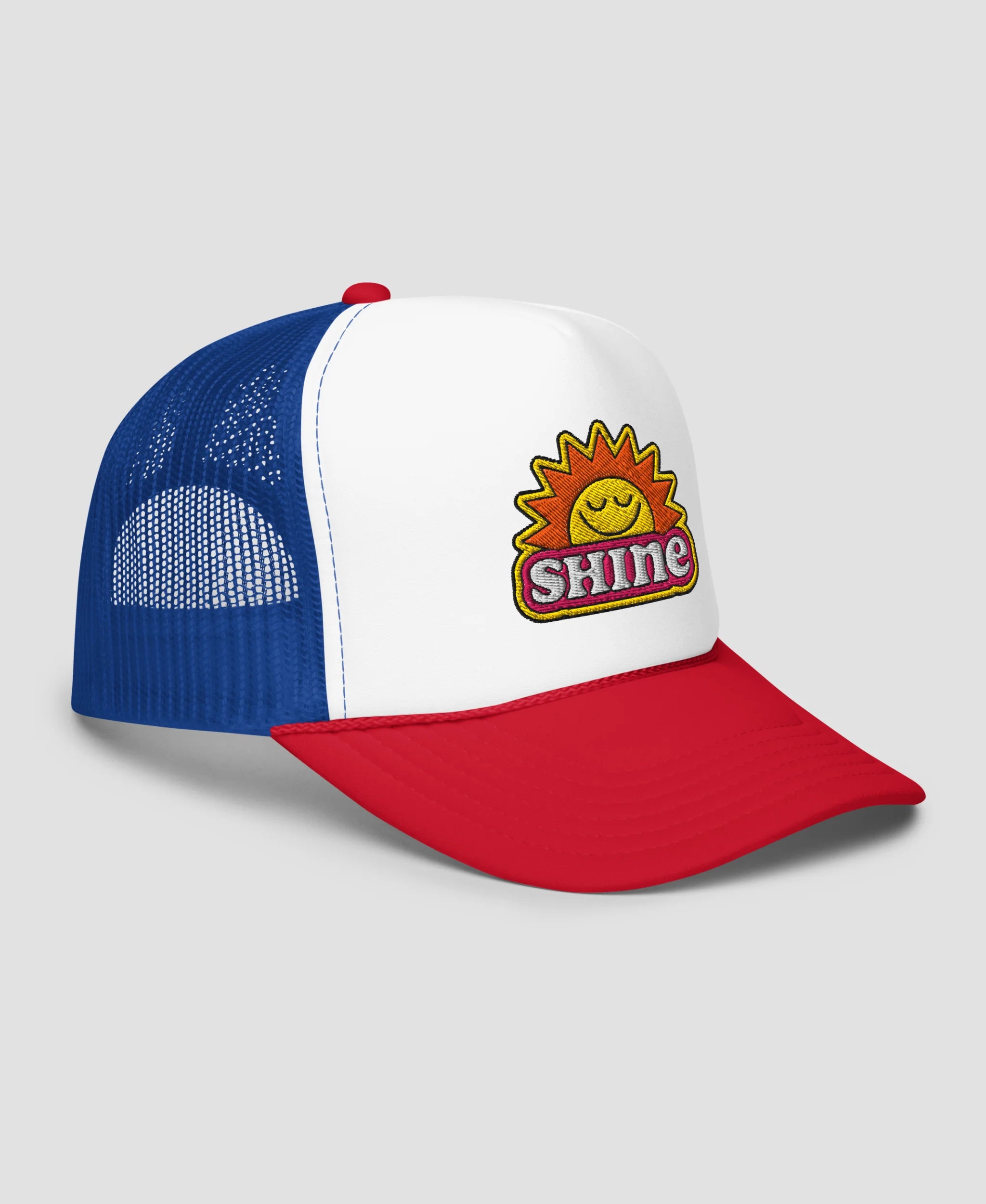 Groovy Shine Sun Smiley Embroidered Foam Trucker Hat | Retro Brim