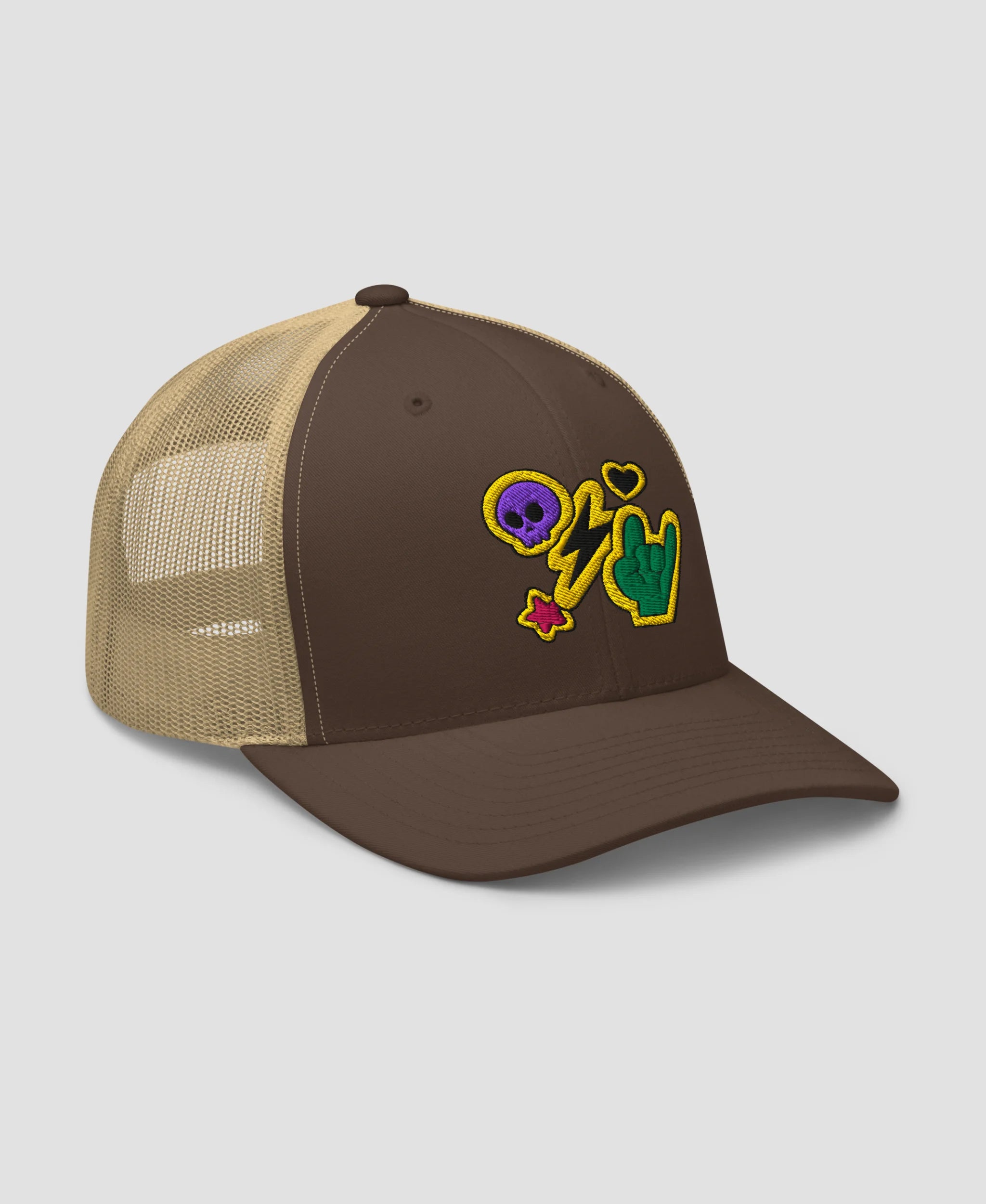 Rock N Roll Skull Lightning Bolt Embroidered Retro Trucker Hat
