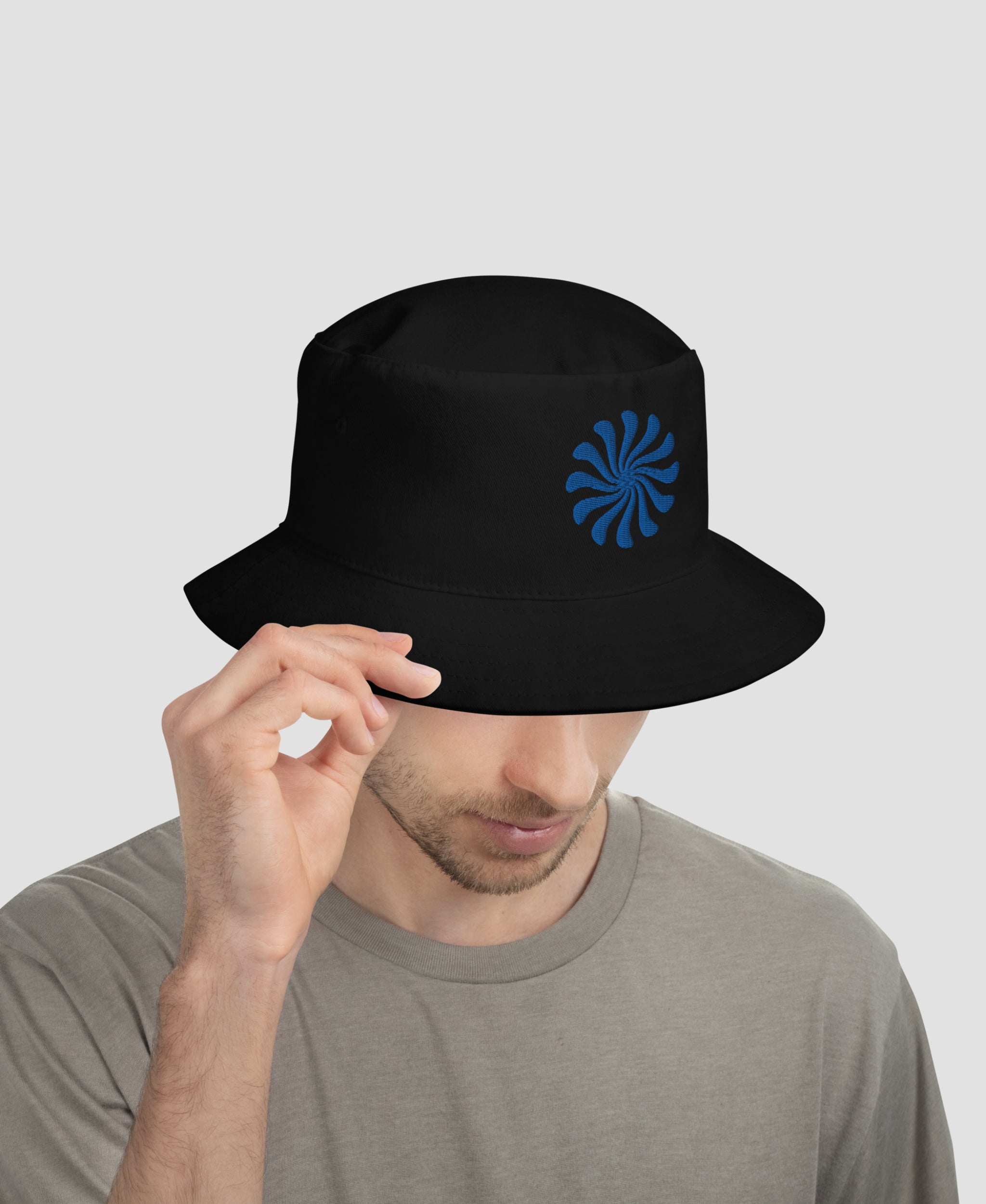 Retro Blue Pinwheel Swirl Embroidered Cotton Bucket Hat | Retro Brim