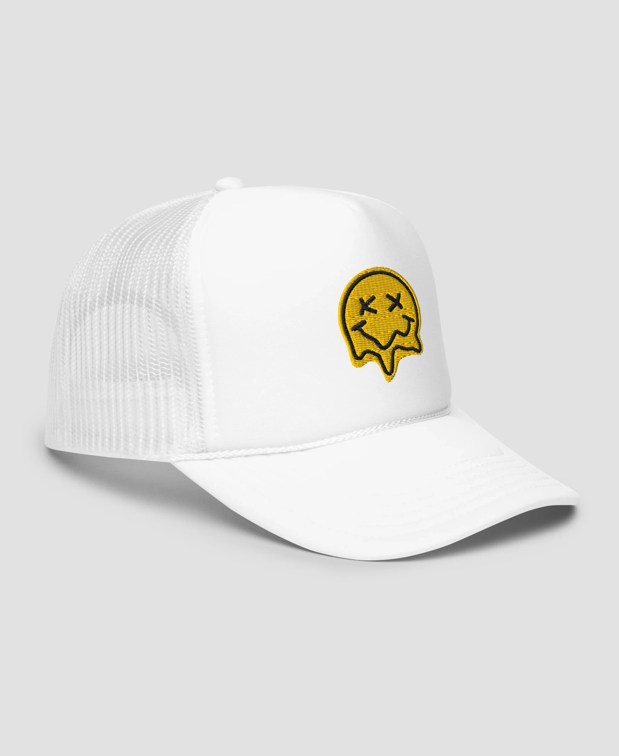 Melting X-Eye Smiley Face Embroidered Foam Trucker Hat | Retro Brim