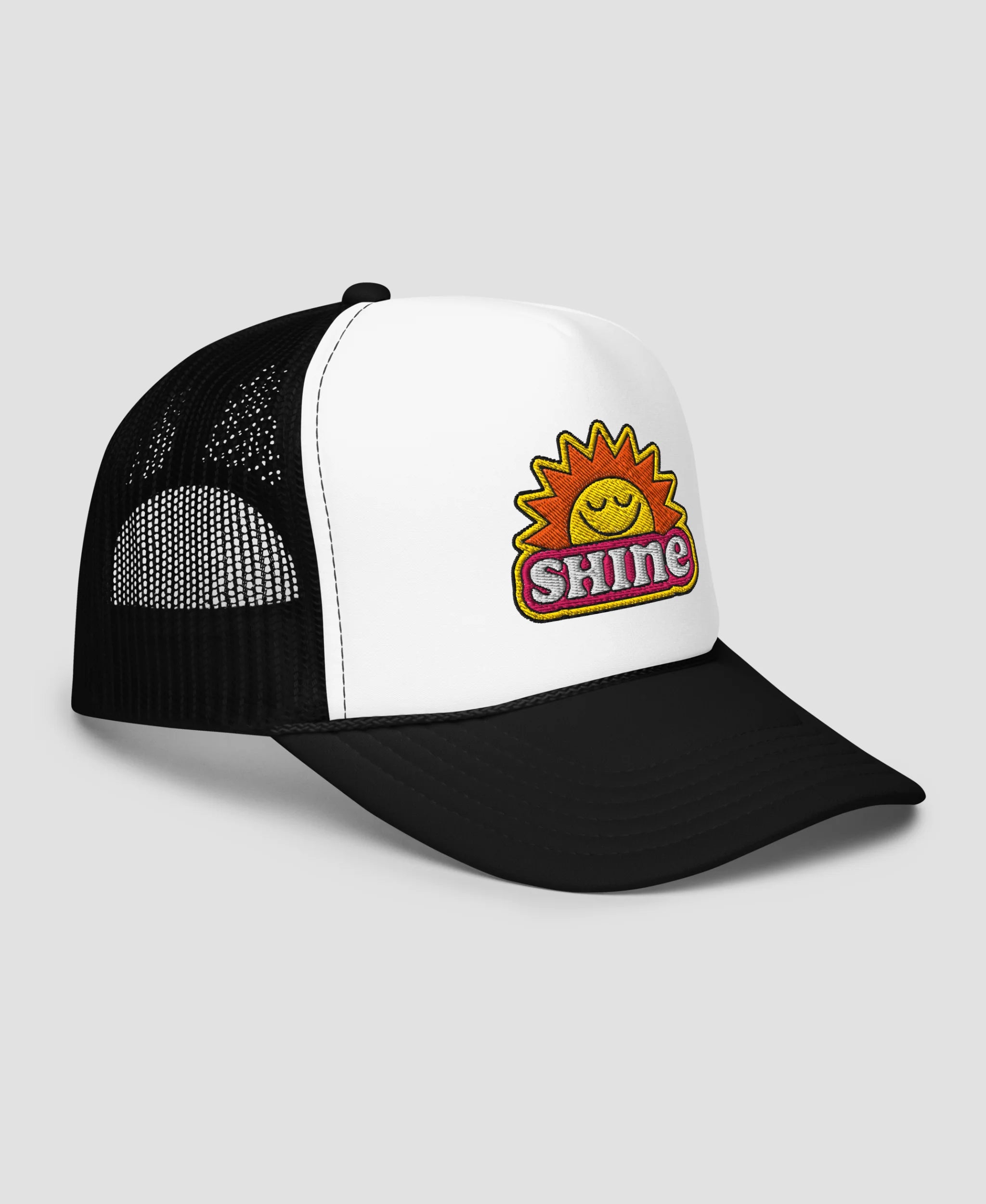 Groovy Shine Sun Smiley Embroidered Foam Trucker Hat | Retro Brim