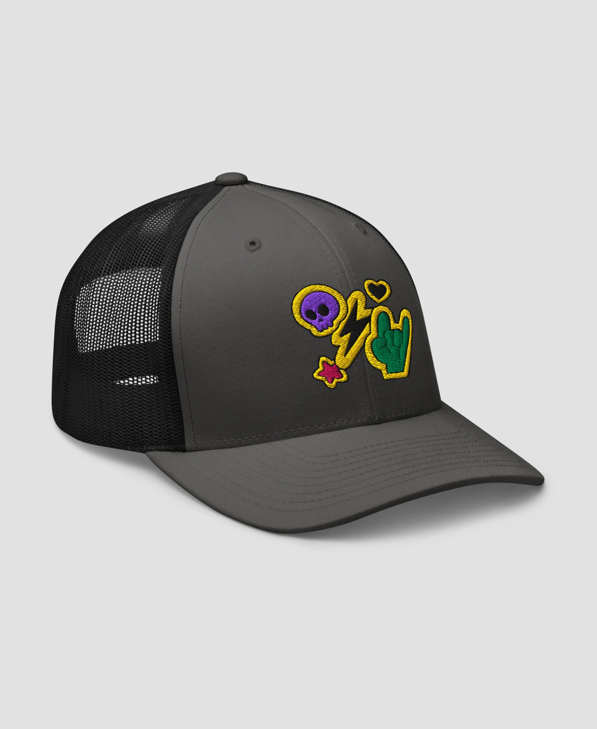 Rock N Roll Skull Lightning Bolt Embroidered Retro Trucker Hat