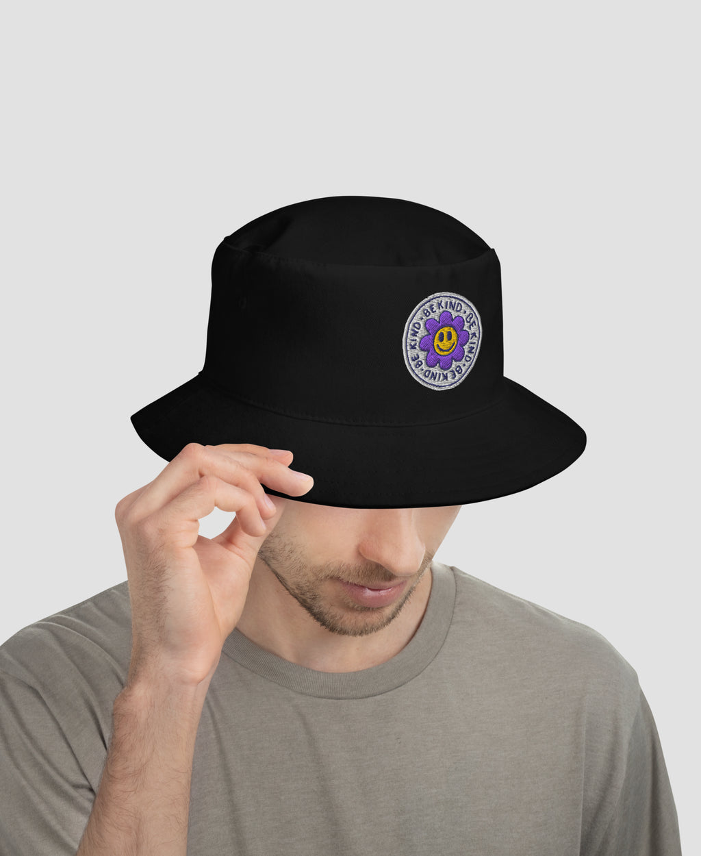 Be Kind Floral Smiley Embroidered Cotton Bucket Hat | Retro Brim