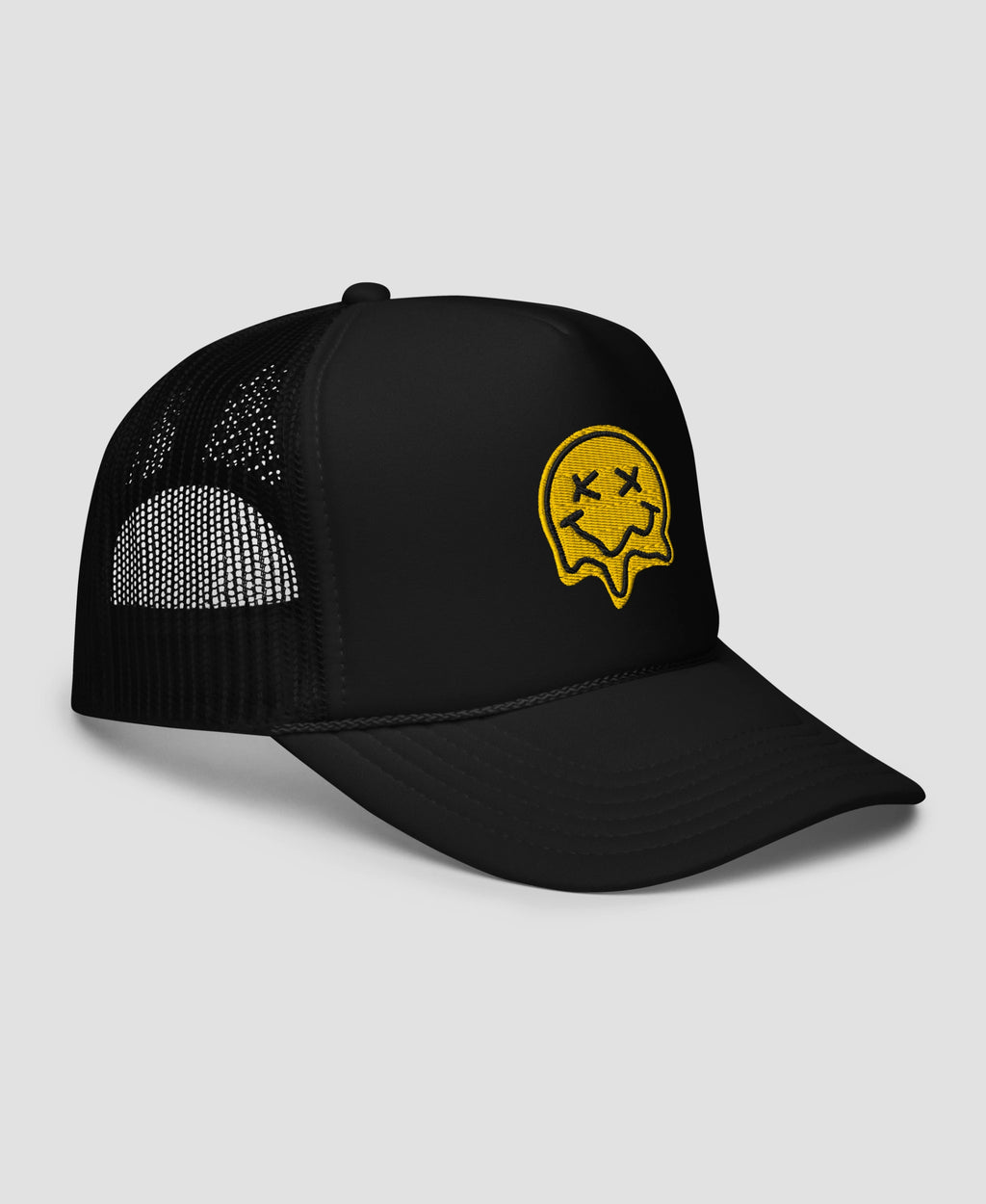 Melting X-Eye Smiley Face Embroidered Foam Trucker Hat | Retro Brim