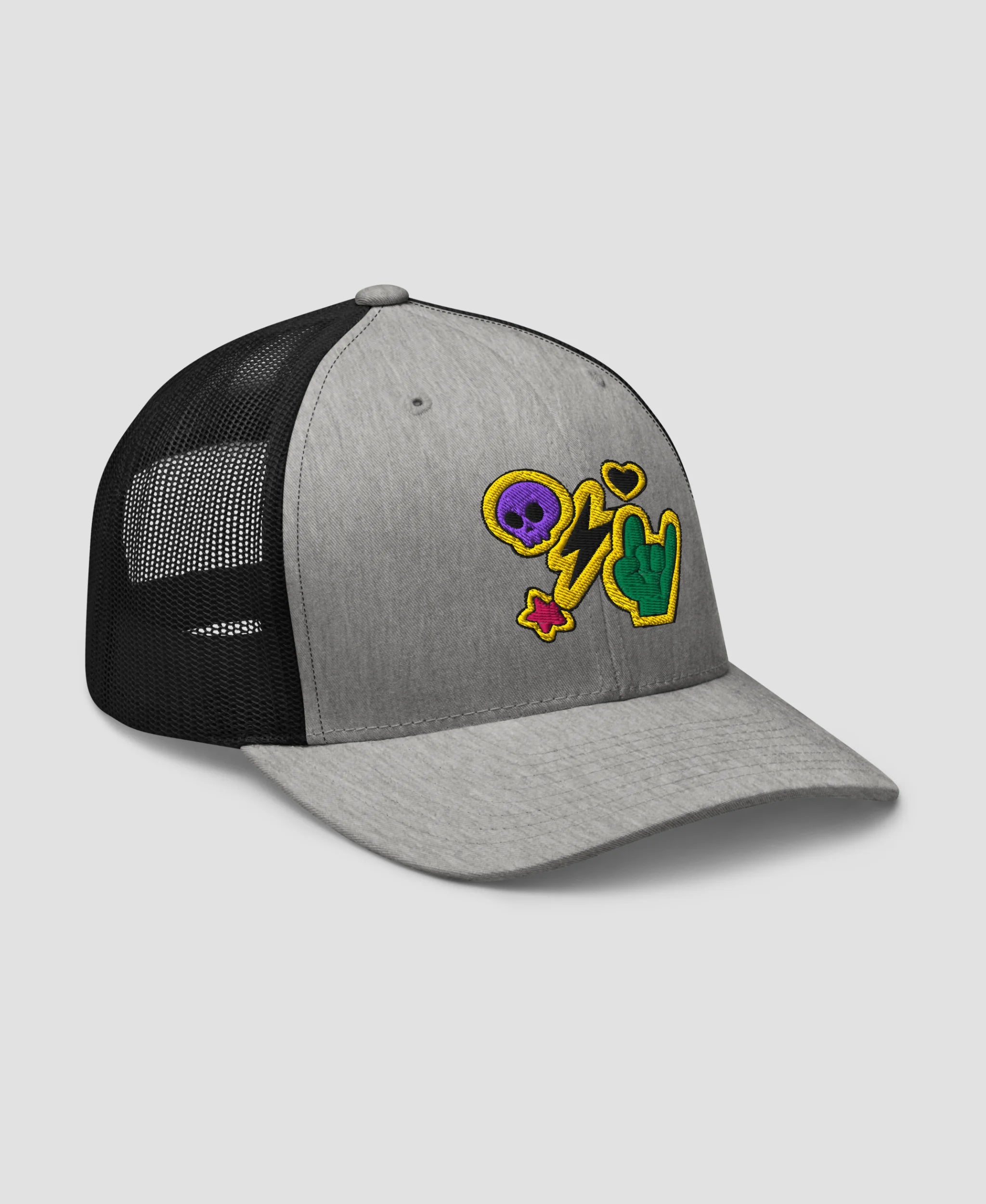 Rock N Roll Skull Lightning Bolt Embroidered Retro Trucker Hat