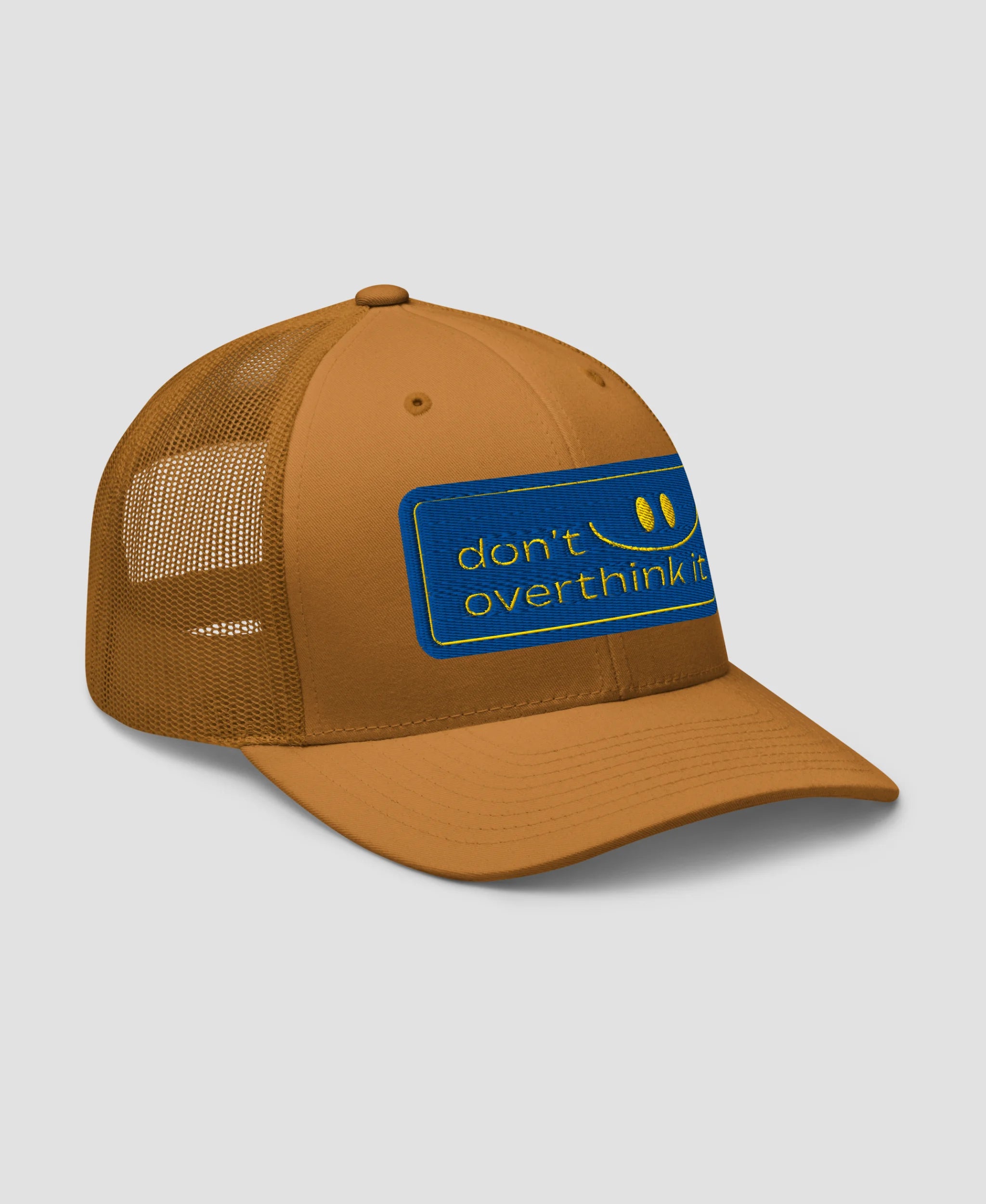 Don't Overthink It Smiley Embroidered Retro Trucker Hat