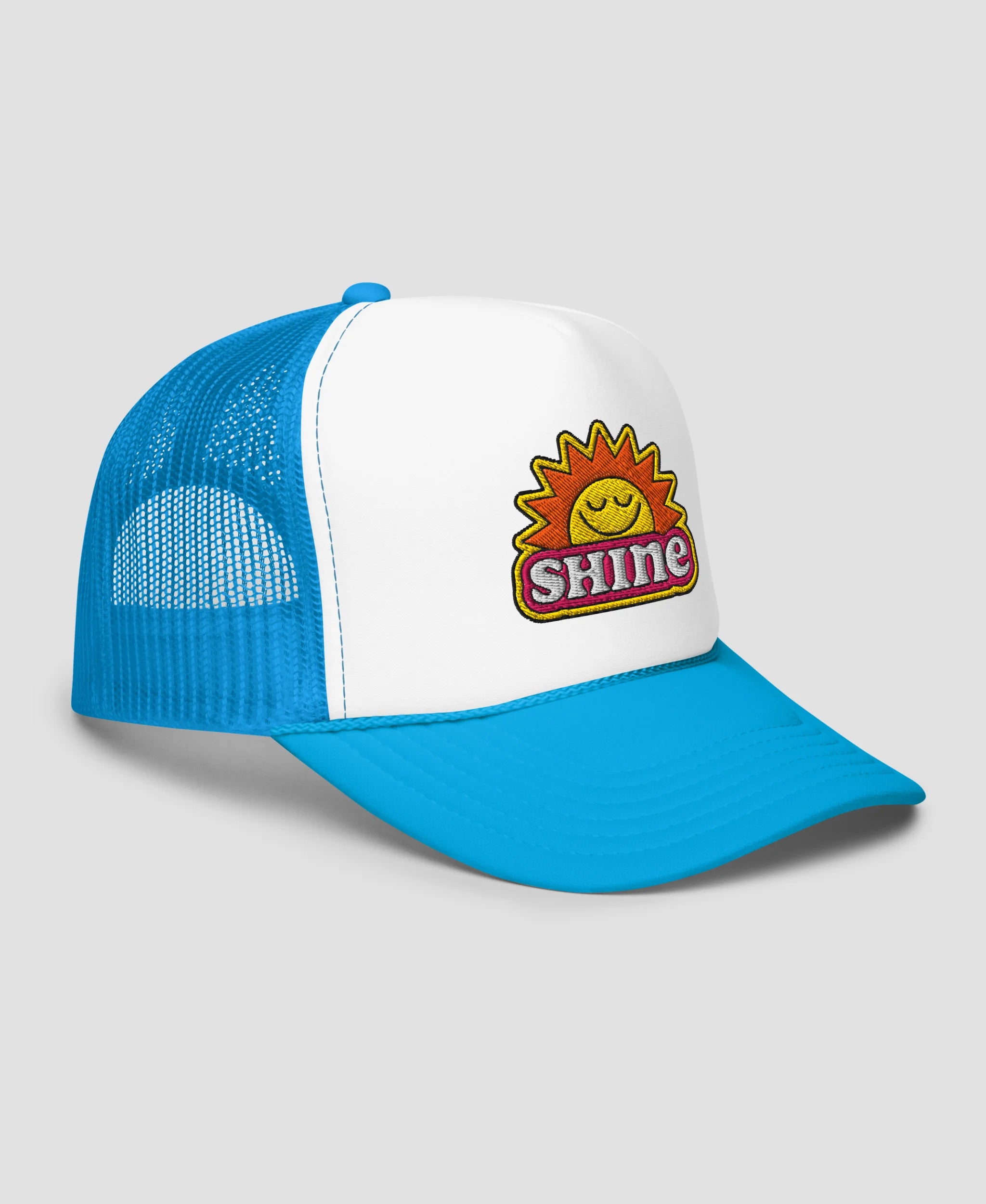 Groovy Shine Sun Smiley Embroidered Foam Trucker Hat | Retro Brim