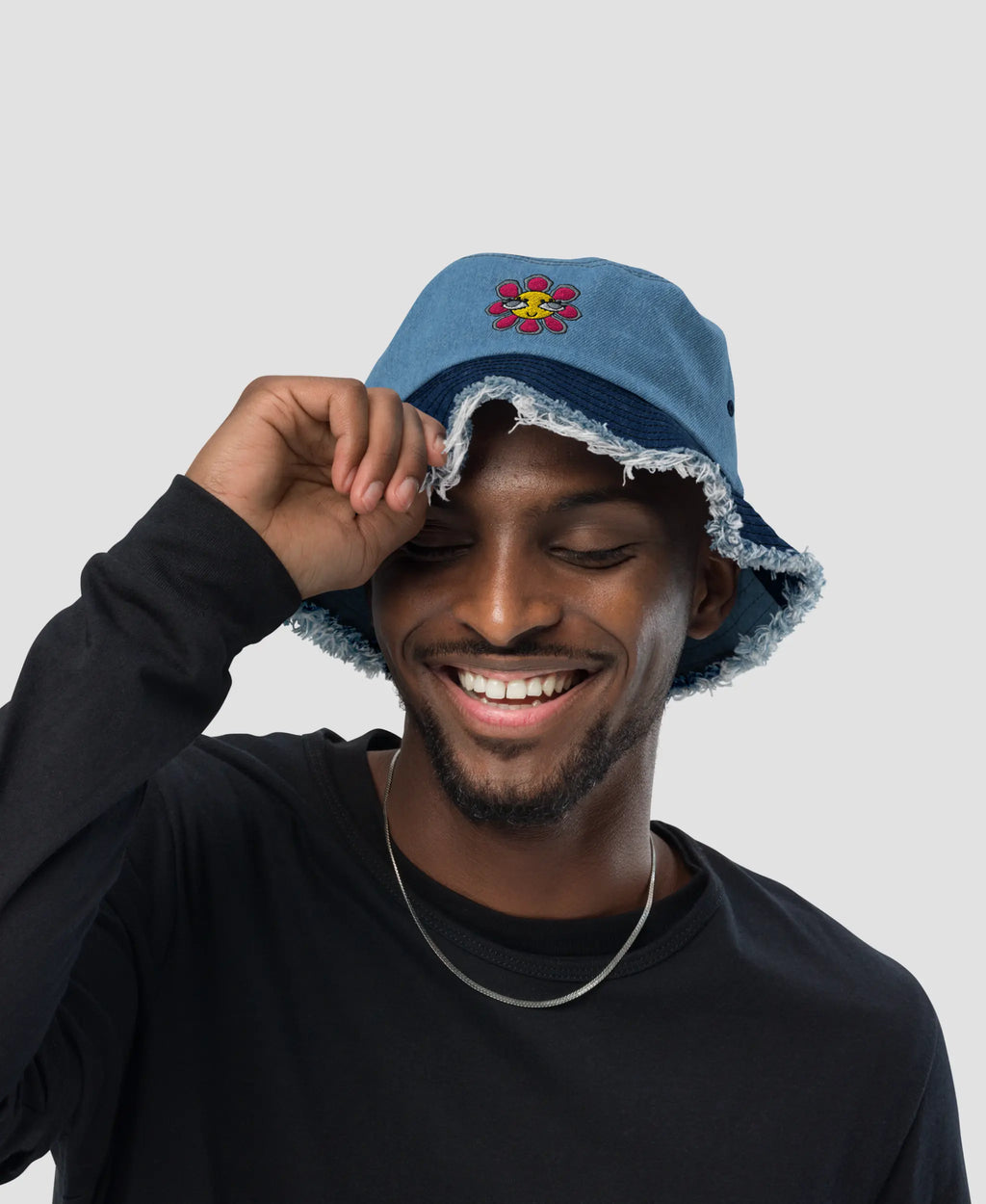 Trippy Flower Smile Indie Embroidered Distressed Denim Bucket Hat  | Retro Brim