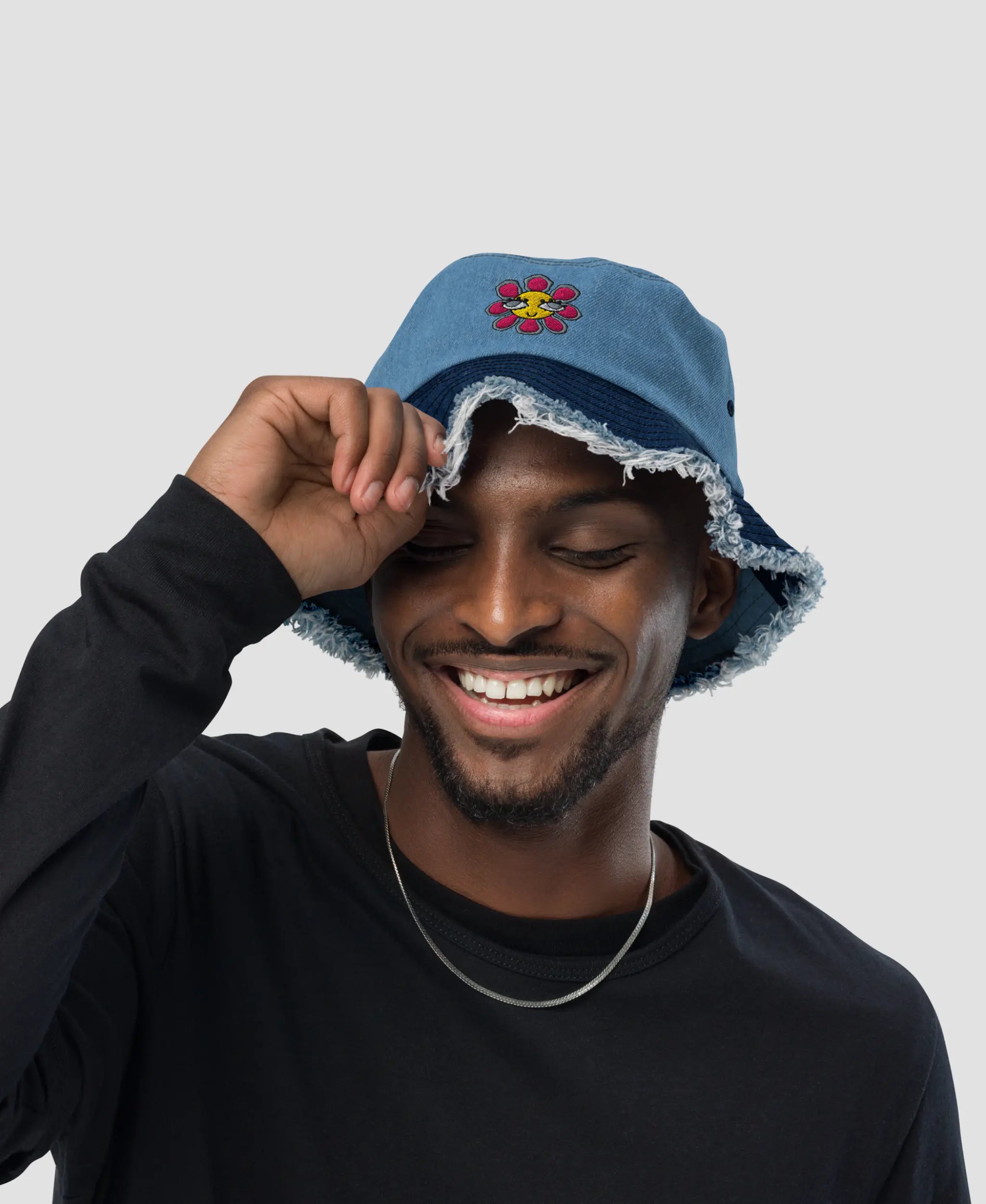 Trippy Flower Smile Indie Embroidered Distressed Denim Bucket Hat  | Retro Brim