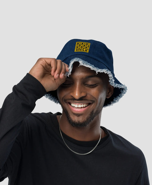 90s Retro Smile Pattern Embroidered Distressed Denim Bucket Hat  | Retro Brim