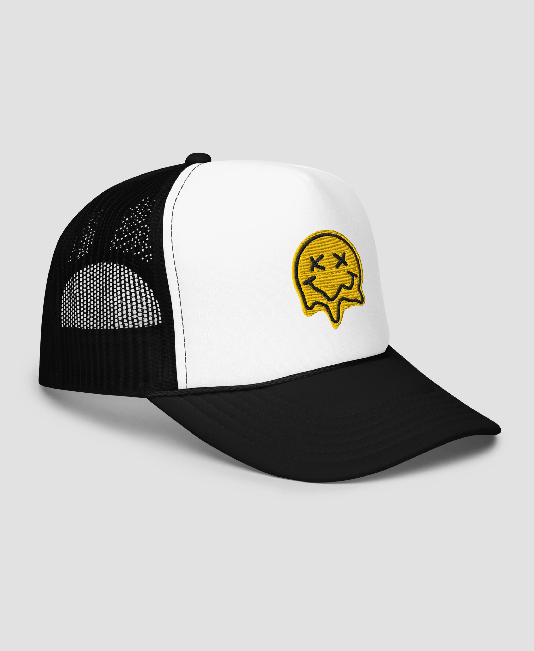 Melting X-Eye Smiley Face Embroidered Foam Trucker Hat | Retro Brim