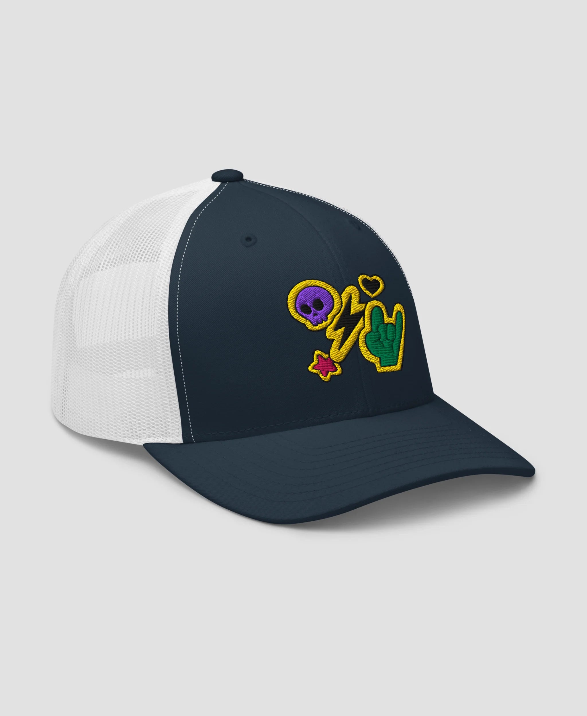 Rock N Roll Skull Lightning Bolt Embroidered Retro Trucker Hat