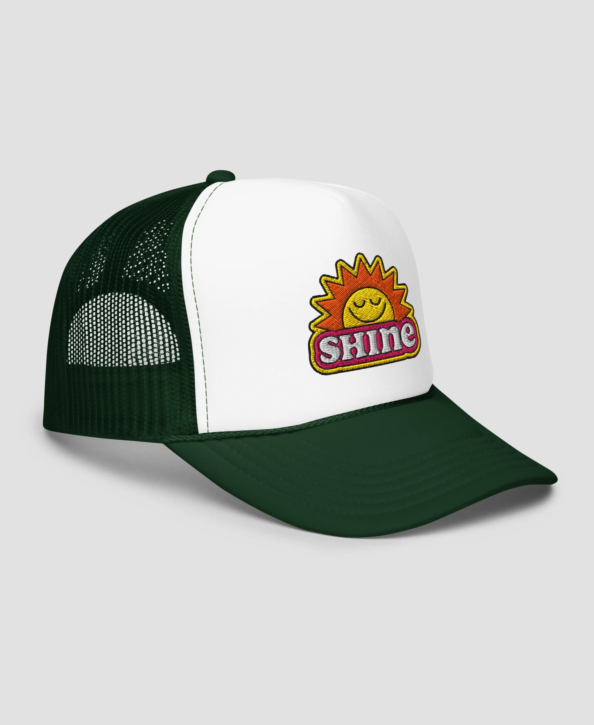 Groovy Shine Sun Smiley Embroidered Foam Trucker Hat | Retro Brim