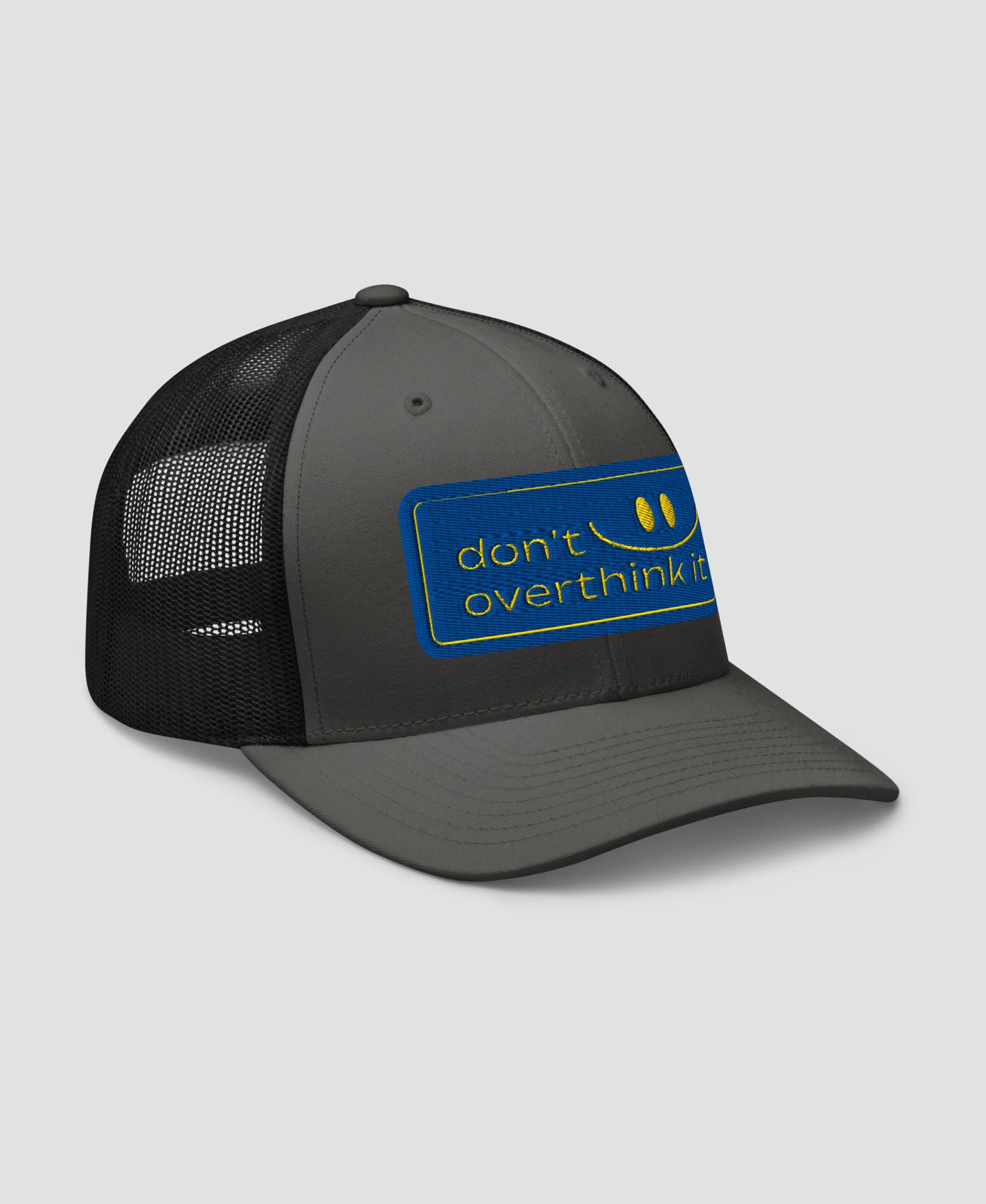 Don't Overthink It Smiley Embroidered Retro Trucker Hat