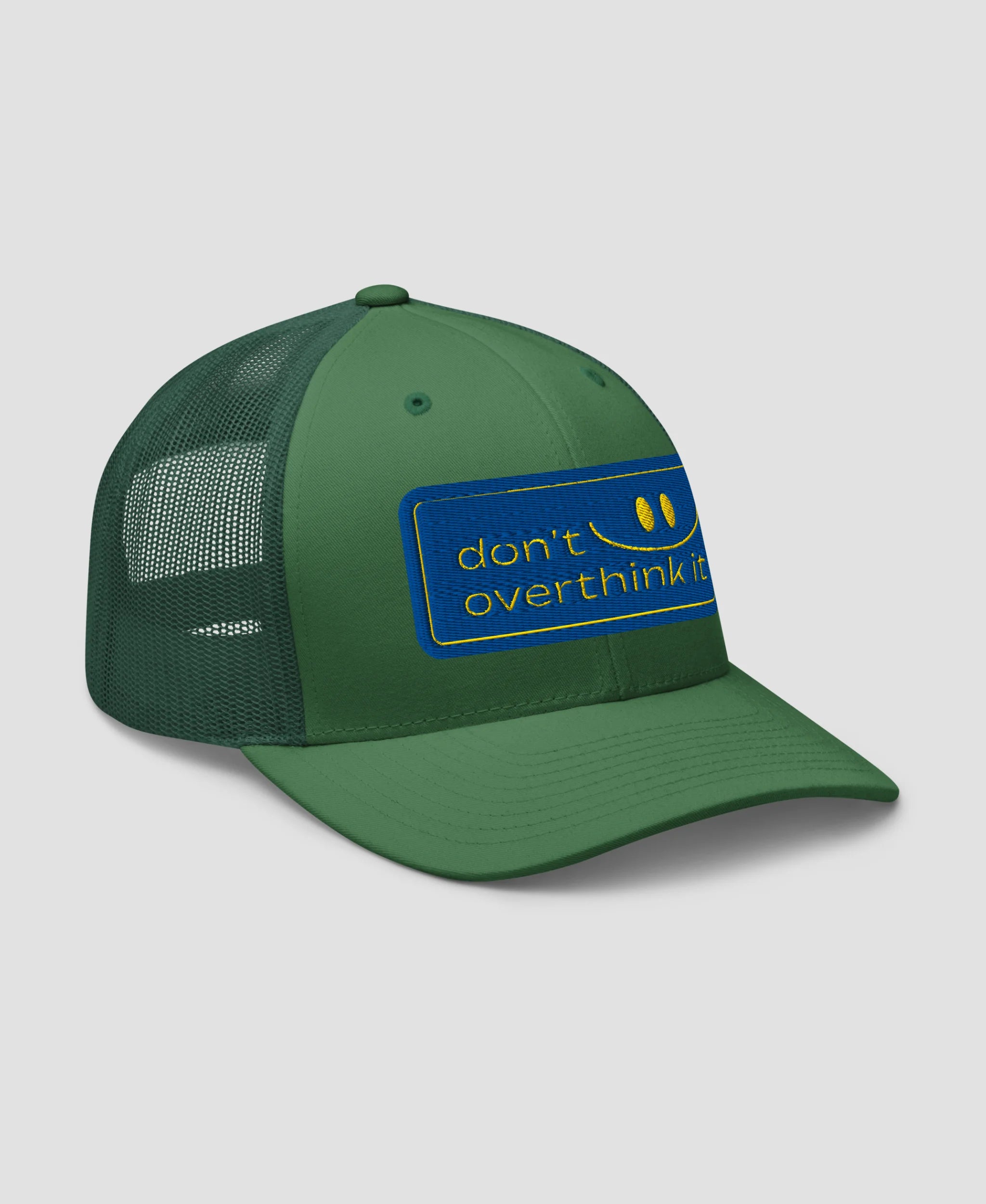 Don't Overthink It Smiley Embroidered Retro Trucker Hat