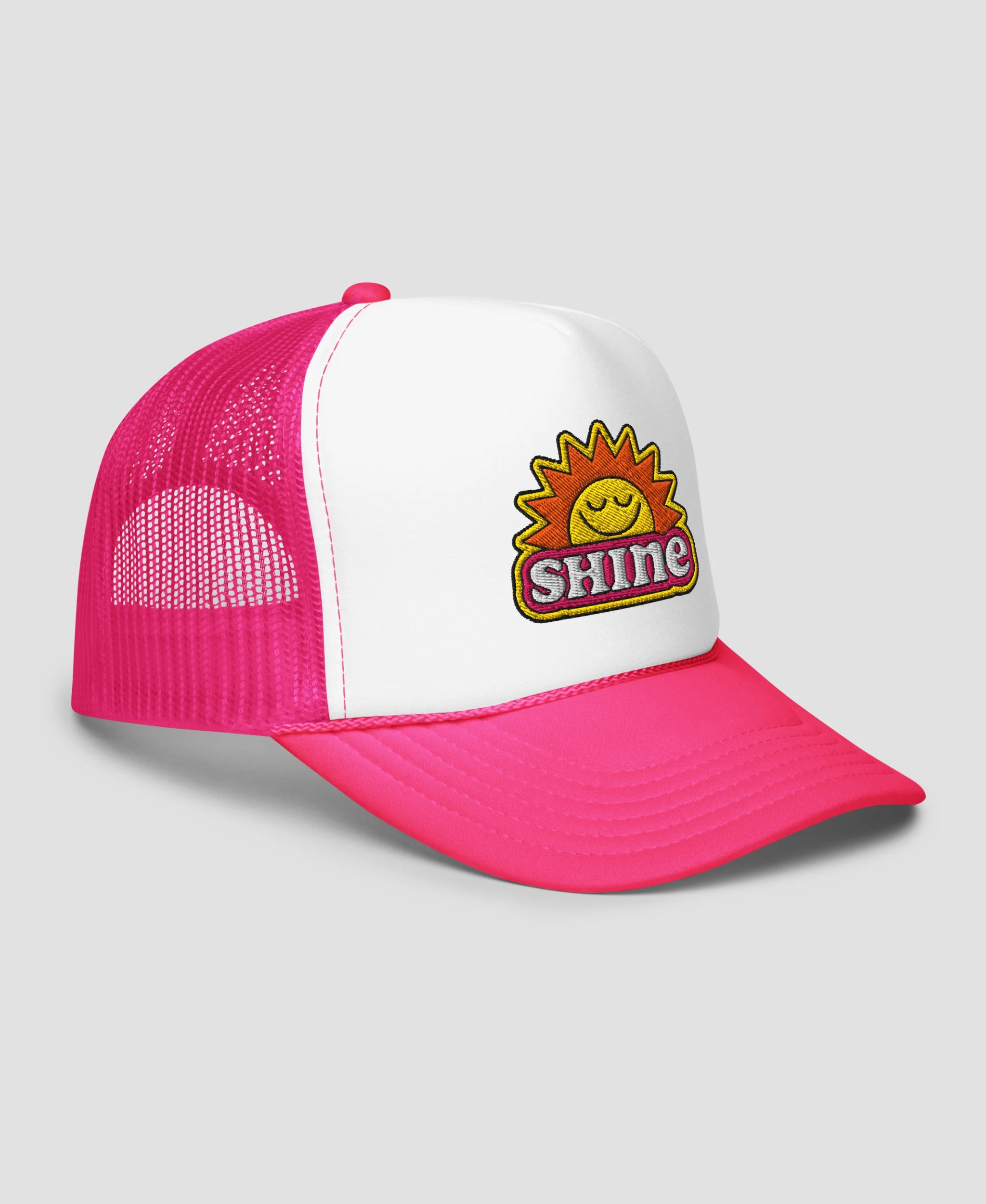 Groovy Shine Sun Smiley Embroidered Foam Trucker Hat | Retro Brim