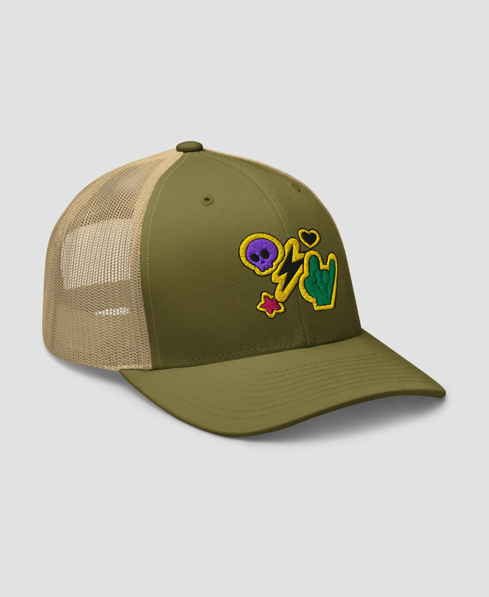 Rock N Roll Skull Lightning Bolt Embroidered Retro Trucker Hat