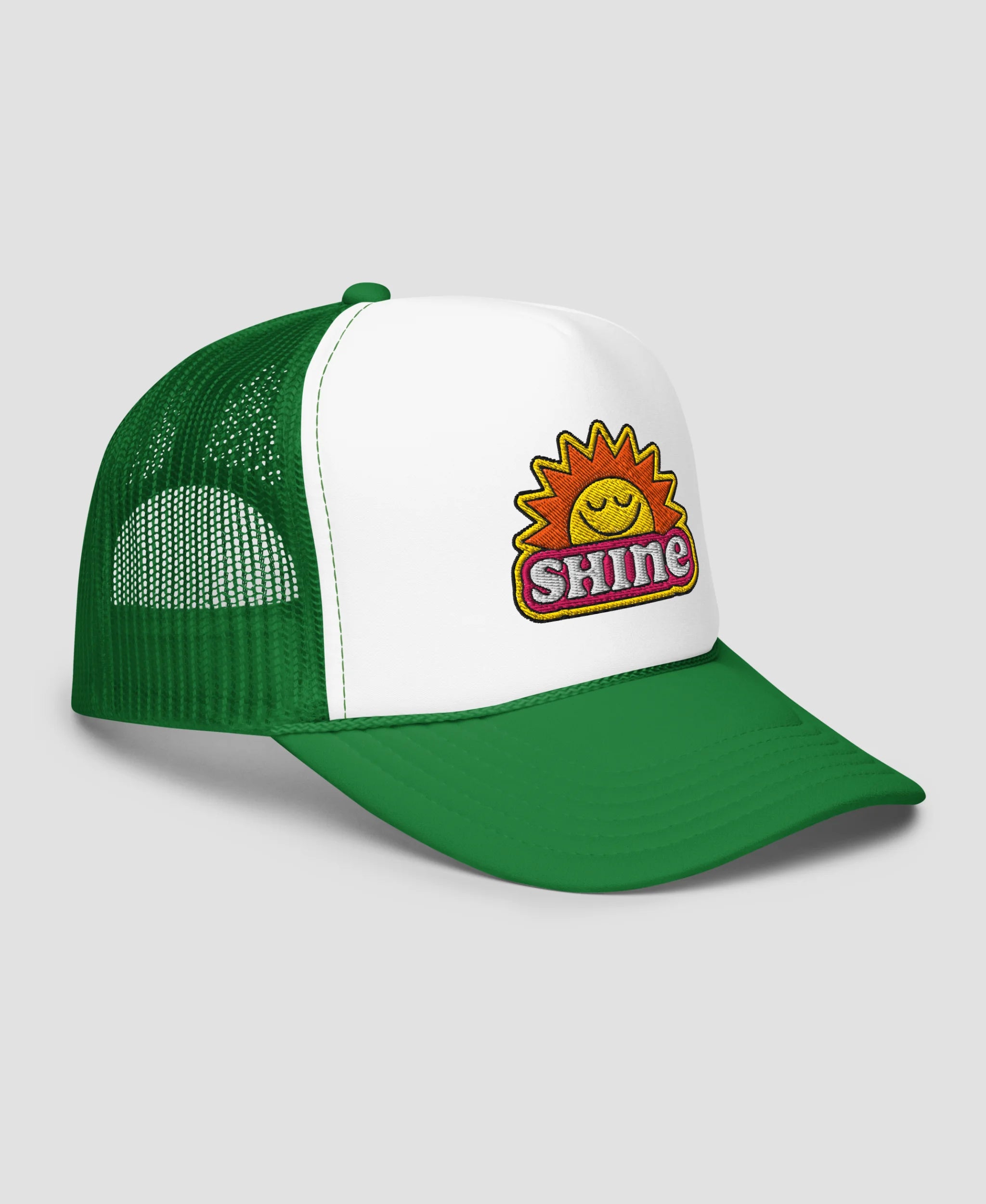 Groovy Shine Sun Smiley Embroidered Foam Trucker Hat | Retro Brim