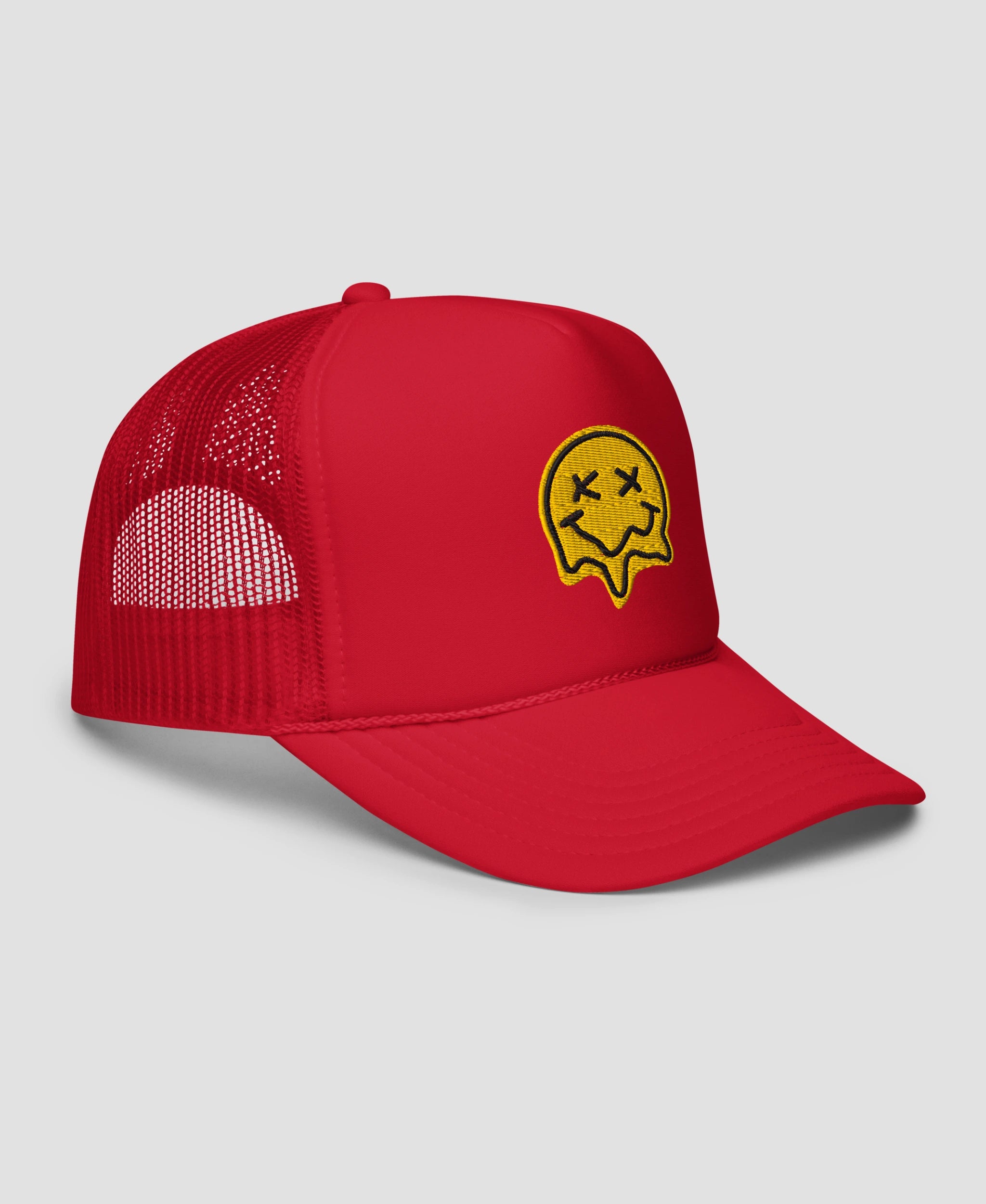 Melting X-Eye Smiley Face Embroidered Foam Trucker Hat | Retro Brim