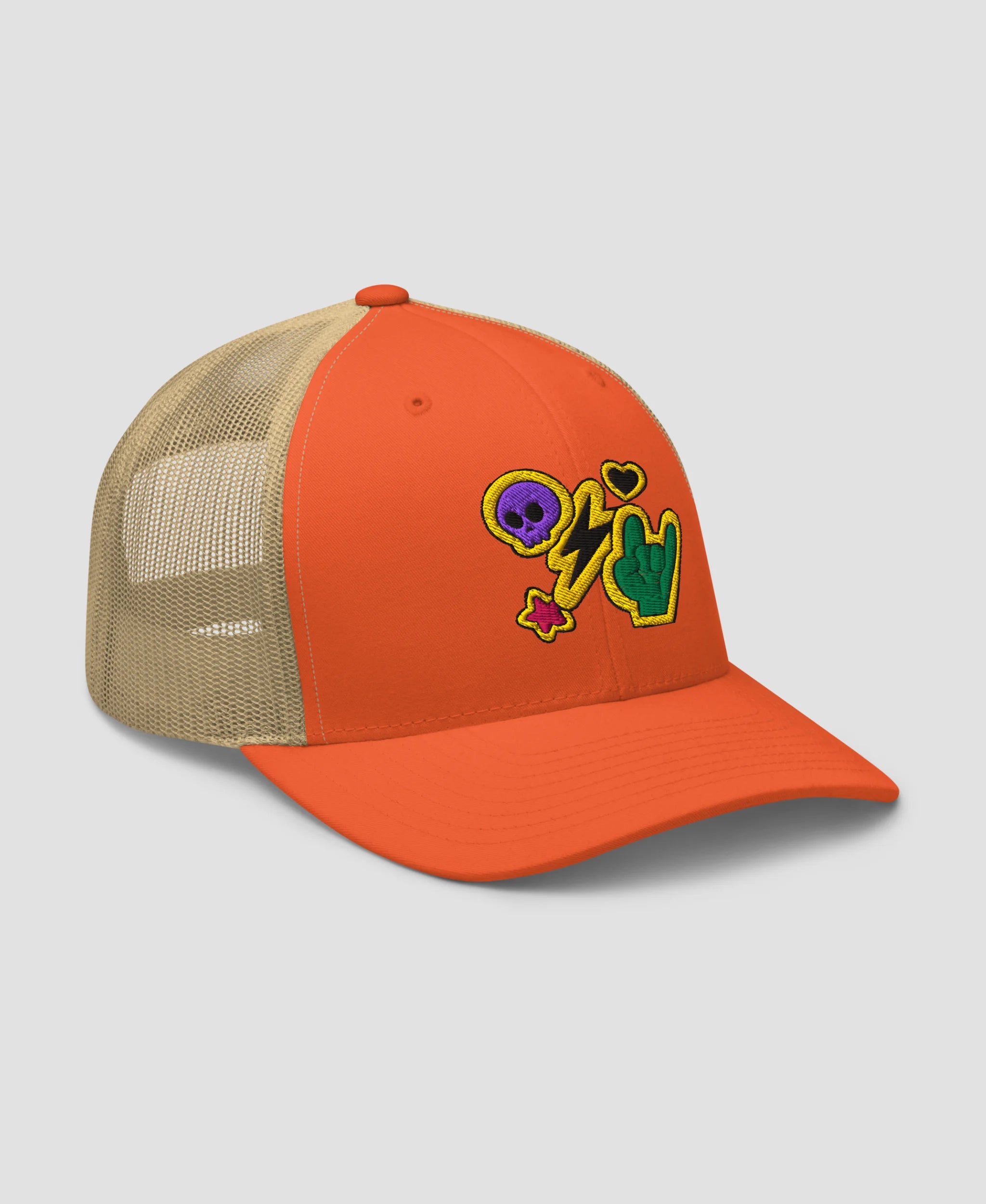 Rock N Roll Skull Lightning Bolt Embroidered Retro Trucker Hat