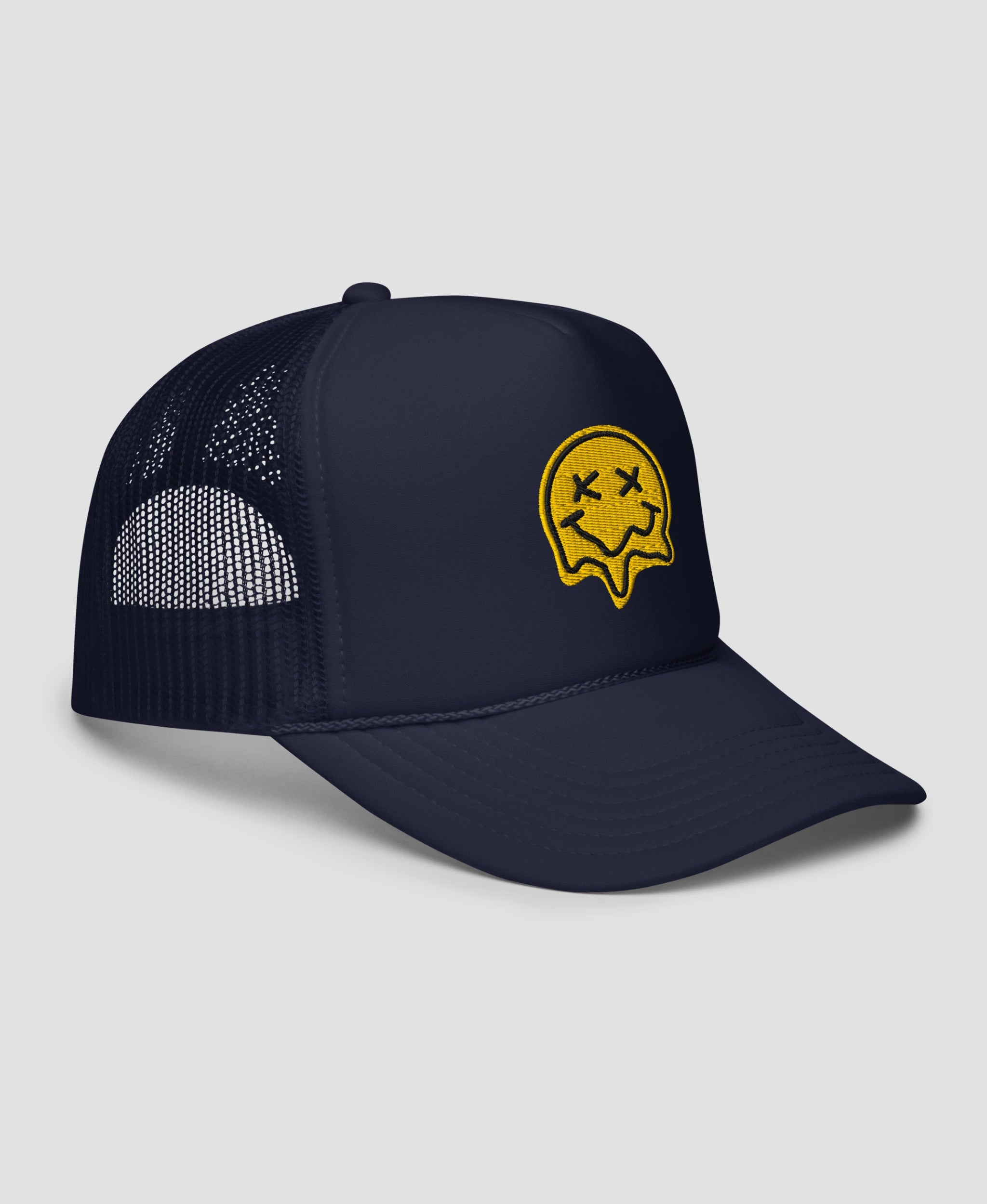 Melting X-Eye Smiley Face Embroidered Foam Trucker Hat | Retro Brim