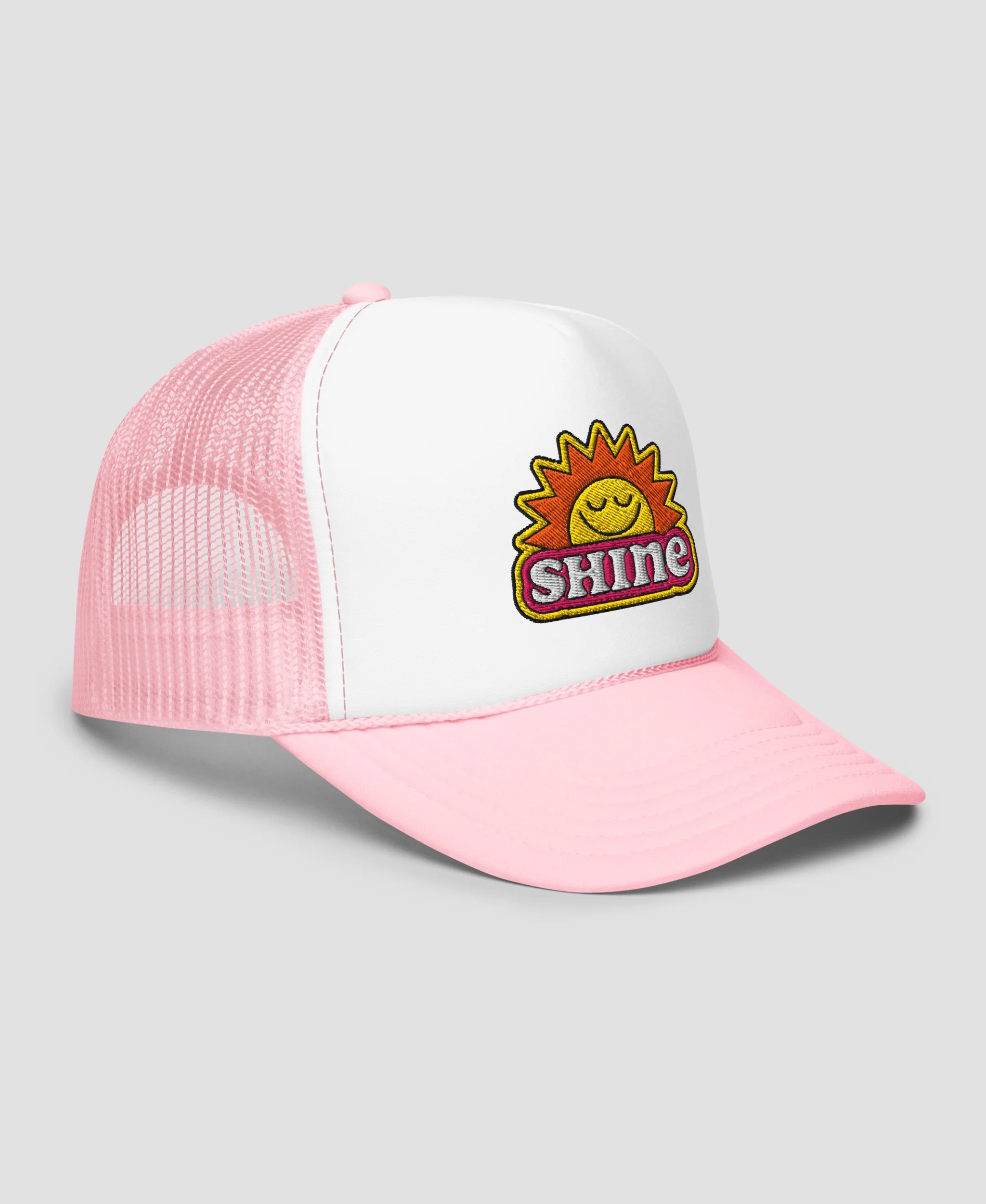 Groovy Shine Sun Smiley Embroidered Foam Trucker Hat | Retro Brim