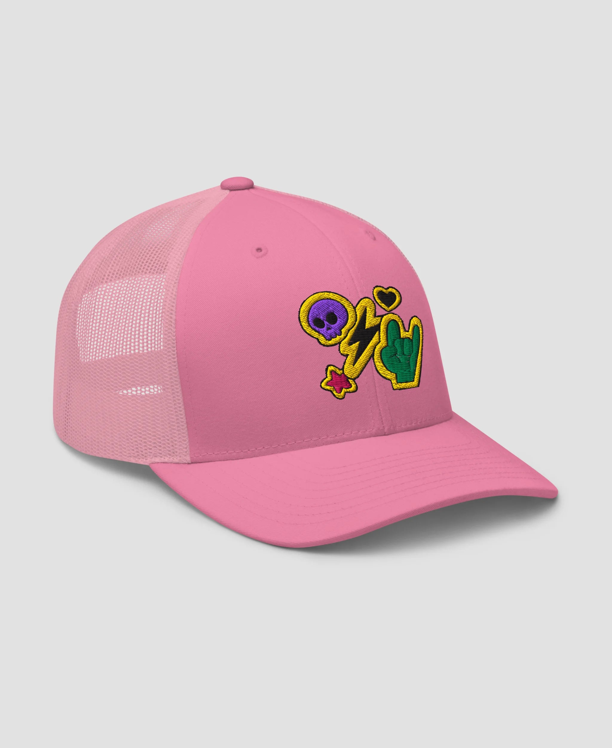 Rock N Roll Skull Lightning Bolt Embroidered Retro Trucker Hat