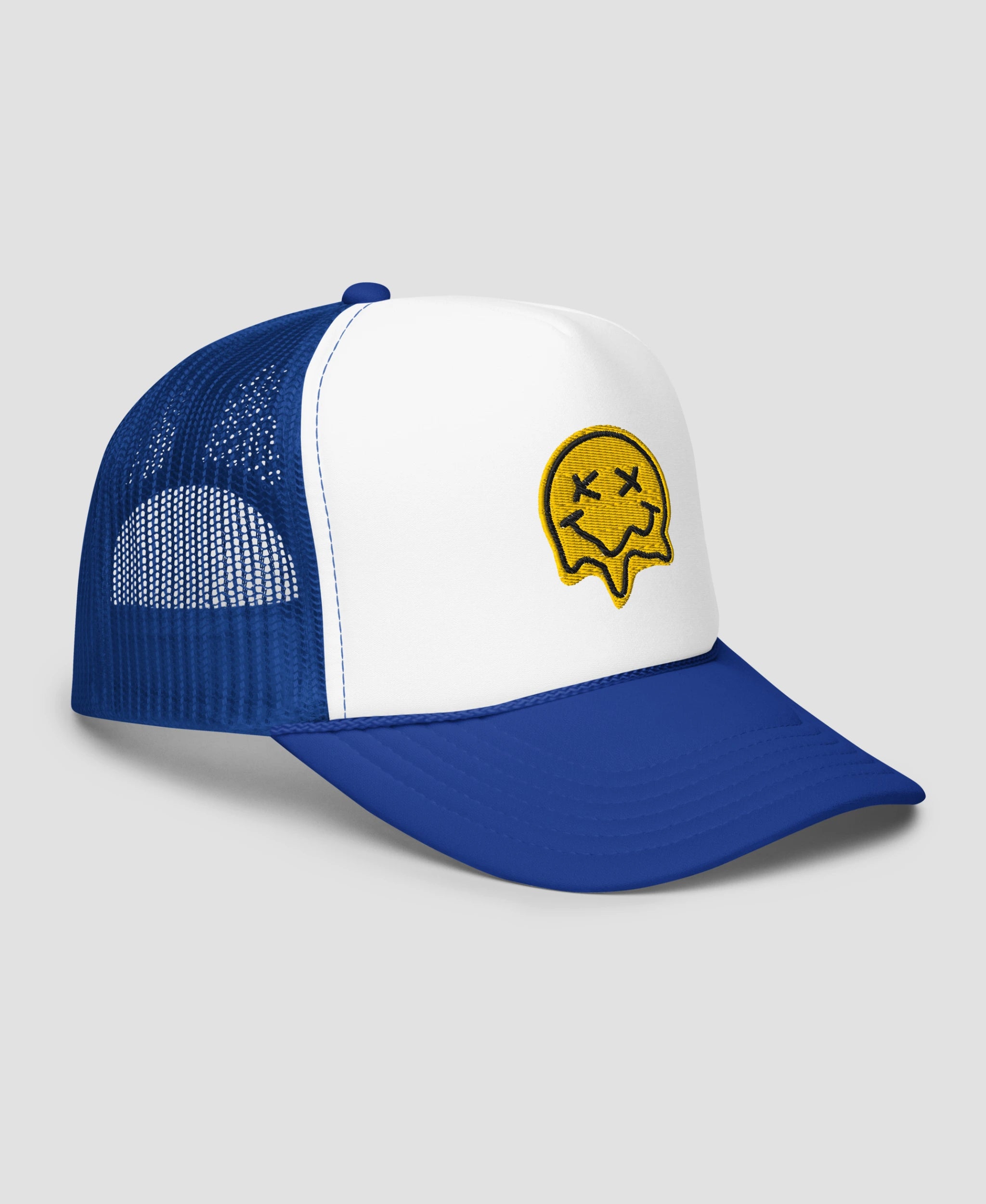 Melting X-Eye Smiley Face Embroidered Foam Trucker Hat | Retro Brim
