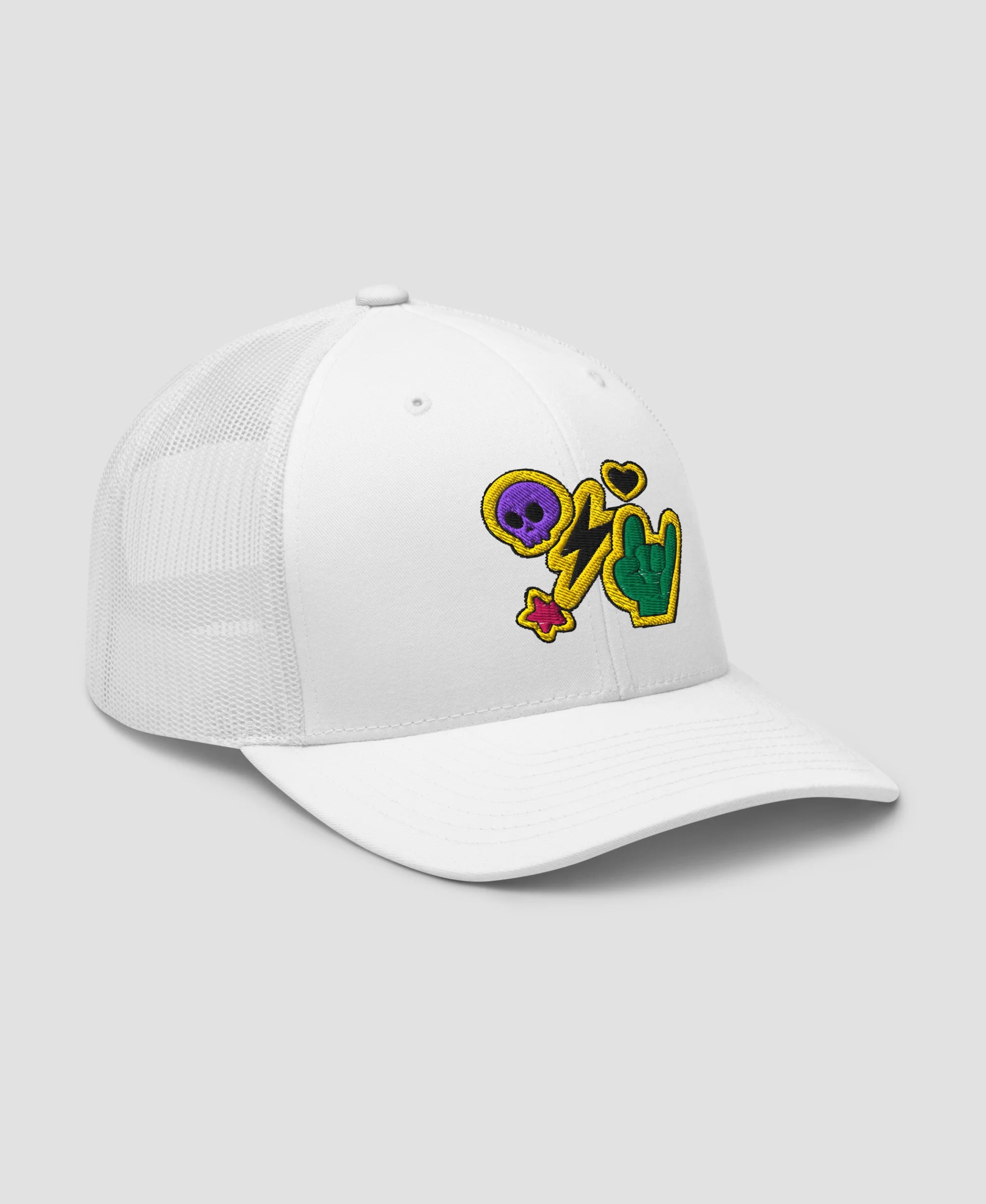 Rock N Roll Skull Lightning Bolt Embroidered Retro Trucker Hat