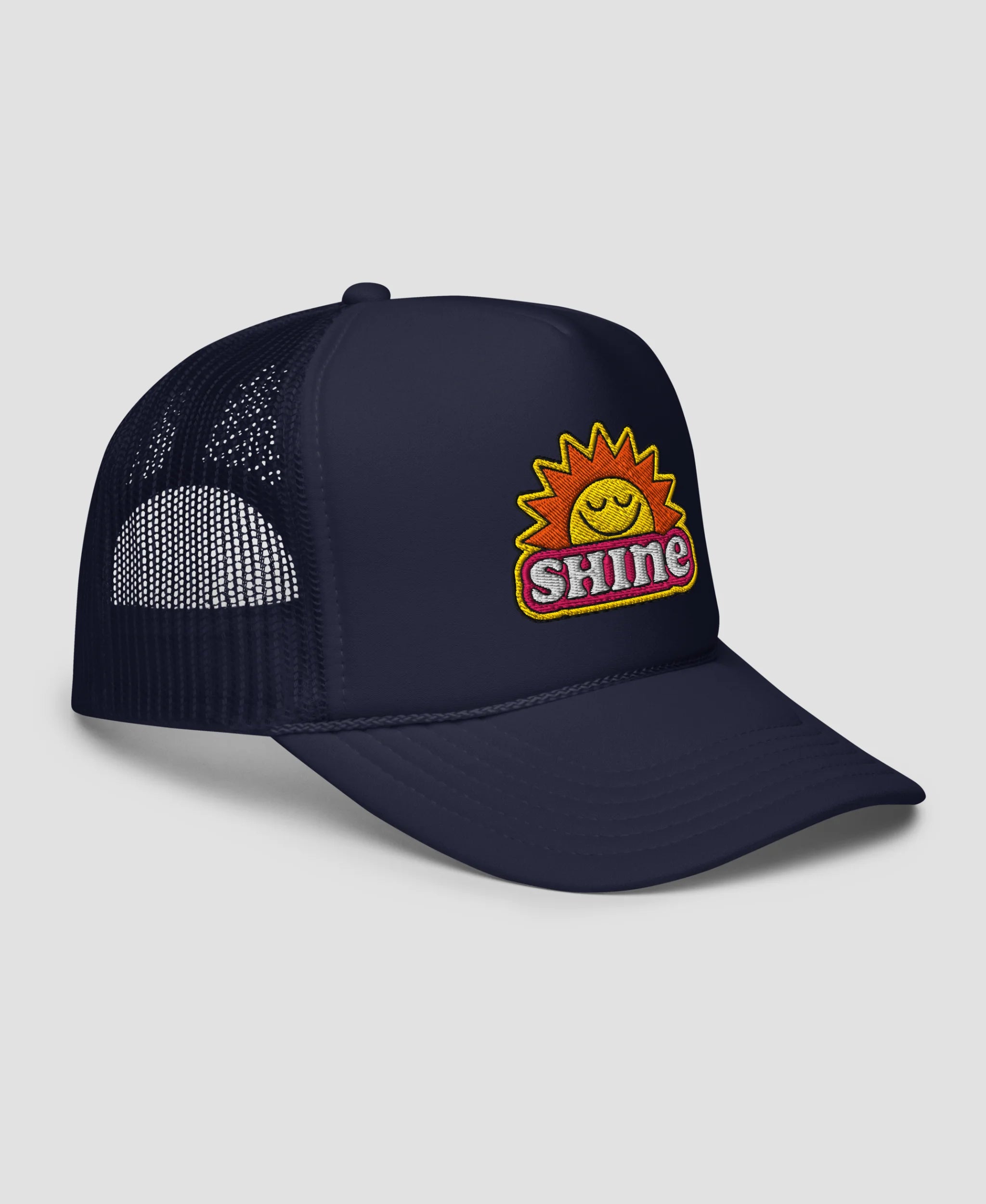 Groovy Shine Sun Smiley Embroidered Foam Trucker Hat | Retro Brim