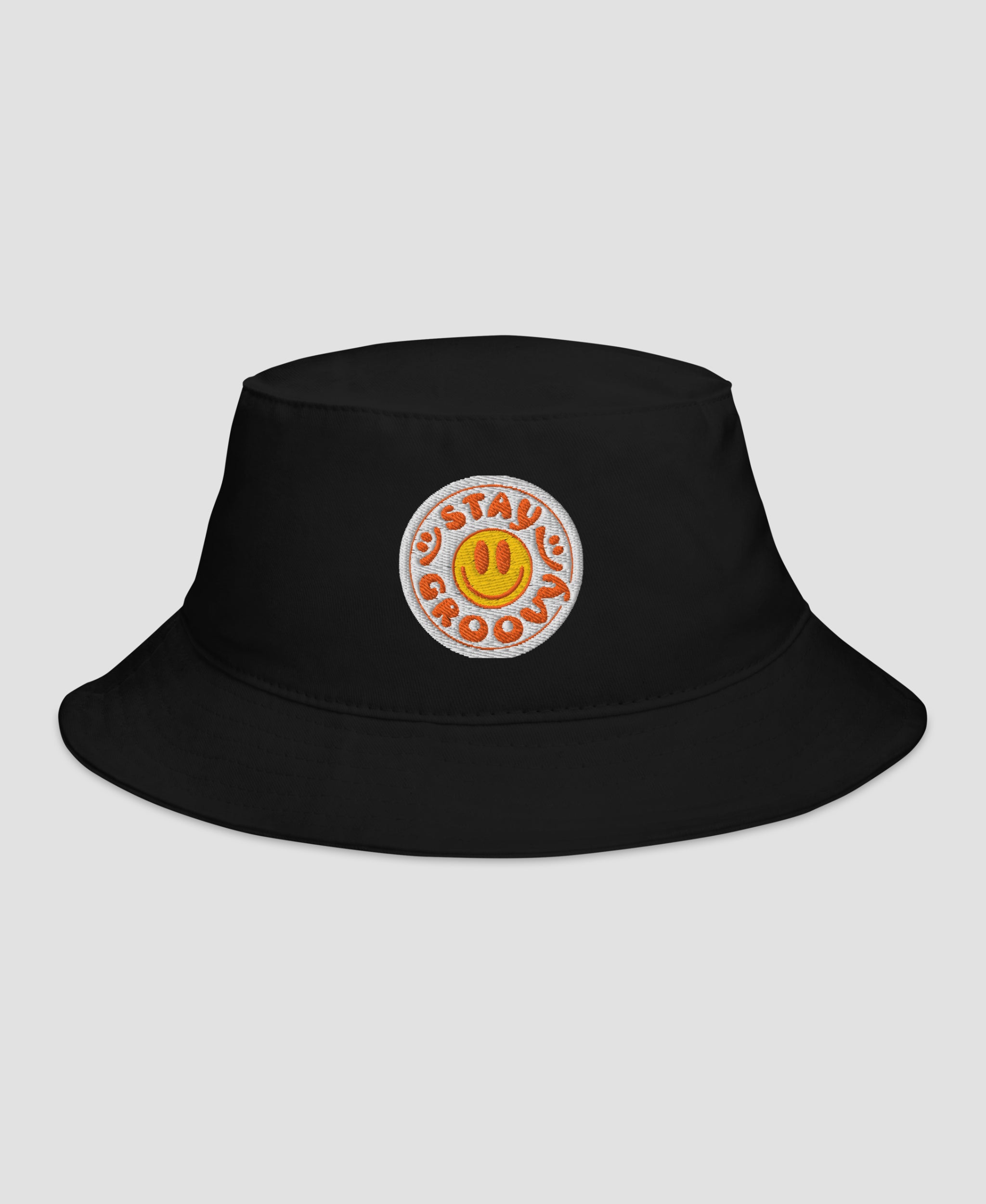 Stay Groovy Smiley Embroidered  Cotton Bucket Hat | Retro Brim