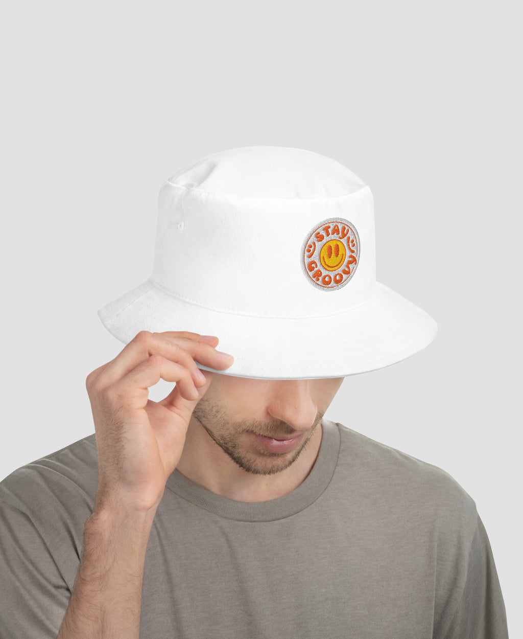 Stay Groovy Smiley Embroidered  Cotton Bucket Hat | Retro Brim