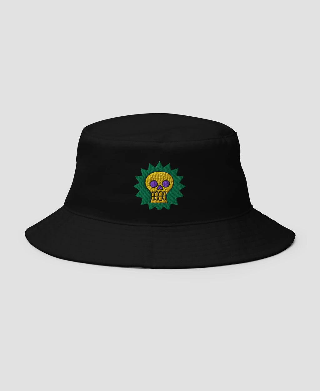 Neon Skull Graphic Embroidered Cotton Bucket Hat | Retro Brim