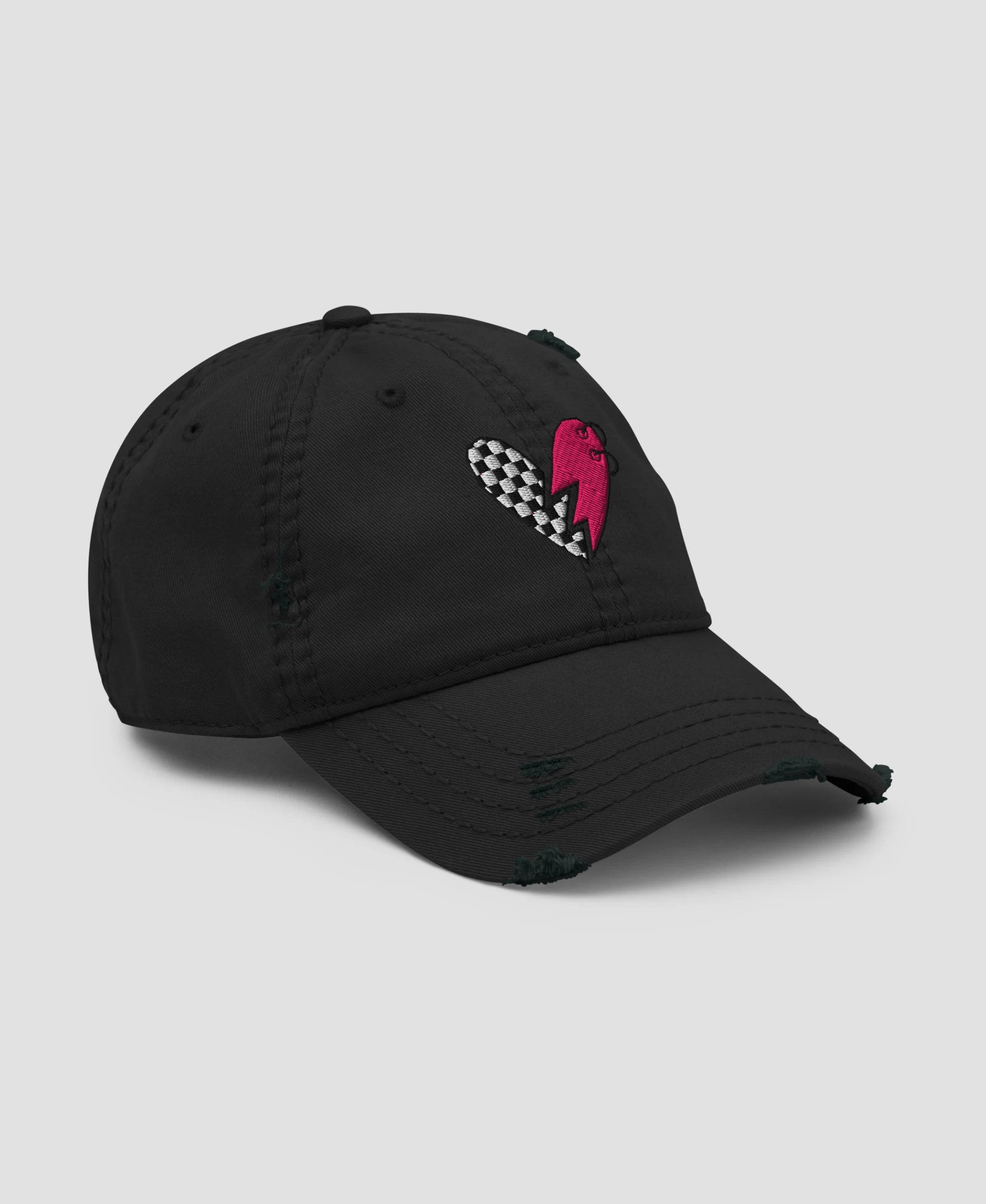 Alt Indie Checkerboard Broken Heart Embroidered Distressed Dad Hat