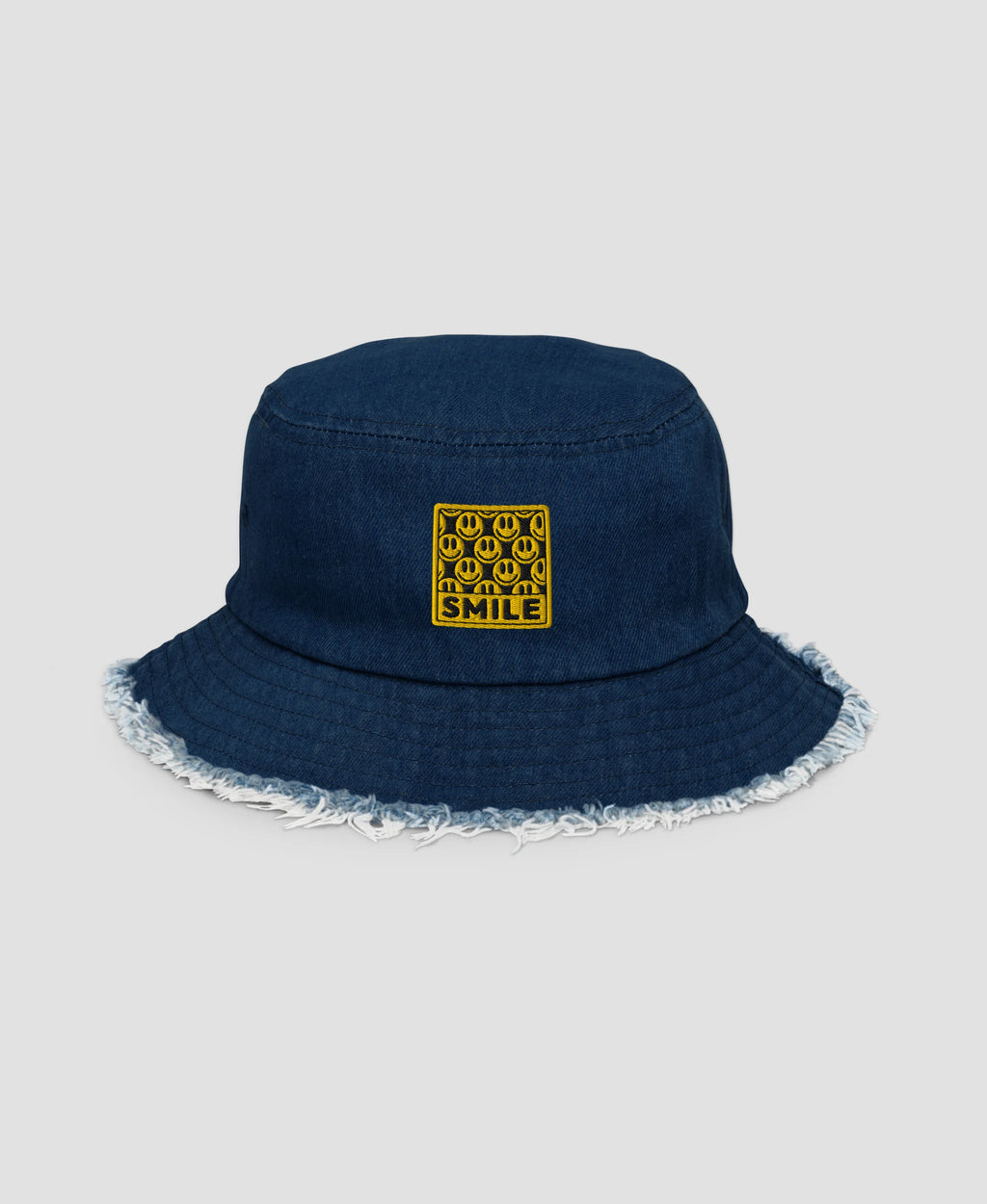 90s Retro Smile Pattern Embroidered Distressed Denim Bucket Hat  | Retro Brim