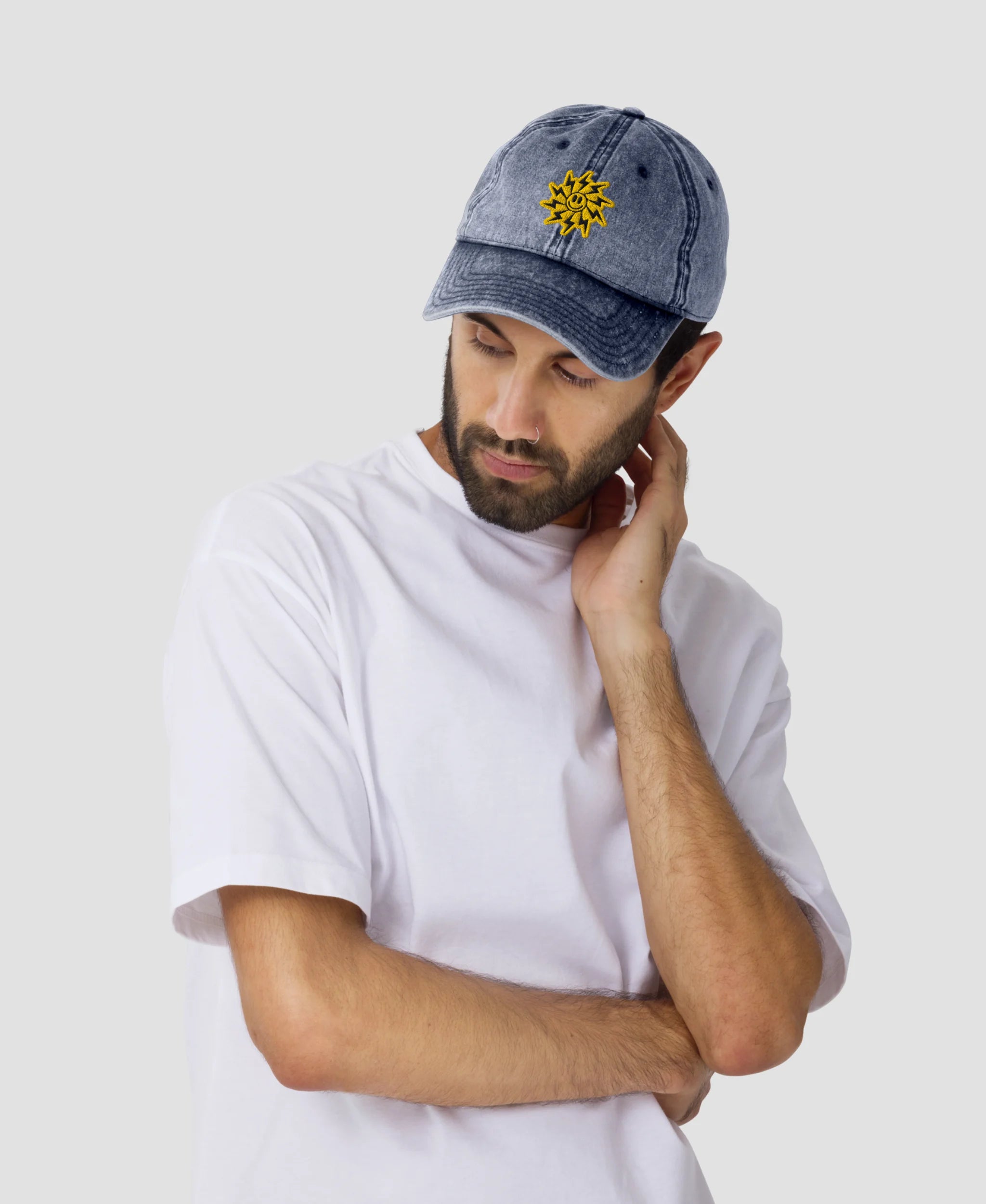 Retro Lightning Bolt Sunburst Smiley Embroidered Vintage Cap