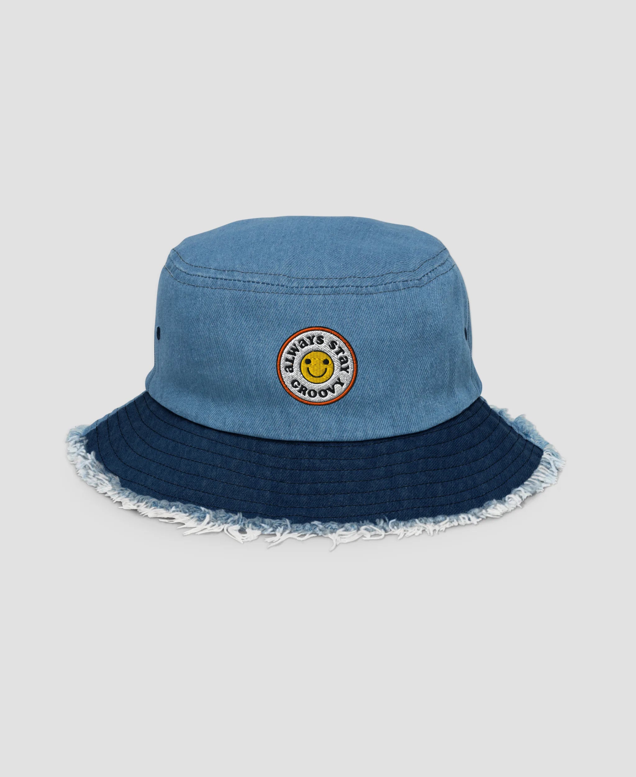 Always Stay Groovy Smiley Embroidered Distressed Denim Bucket Hat  | Retro Brim