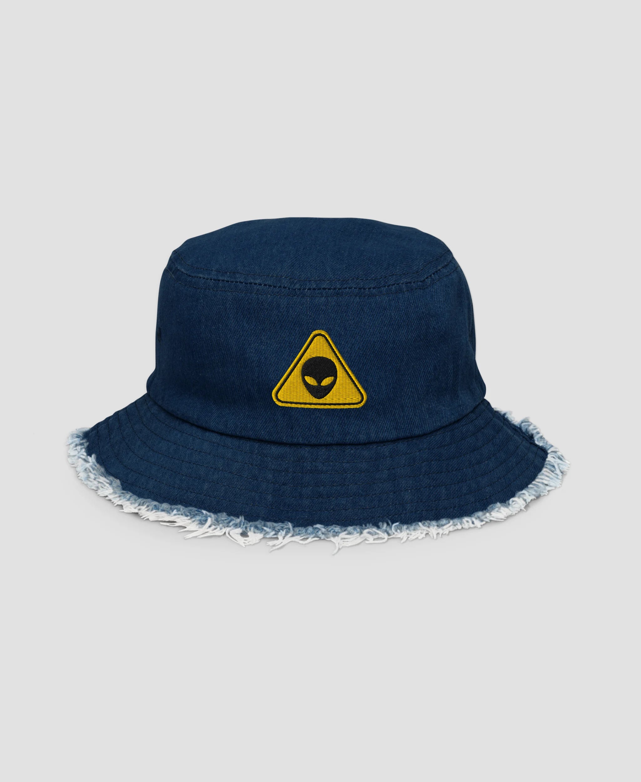 Alien Warning Sign Y2K Embroidered Distressed Denim Bucket Hat | Retro Brim